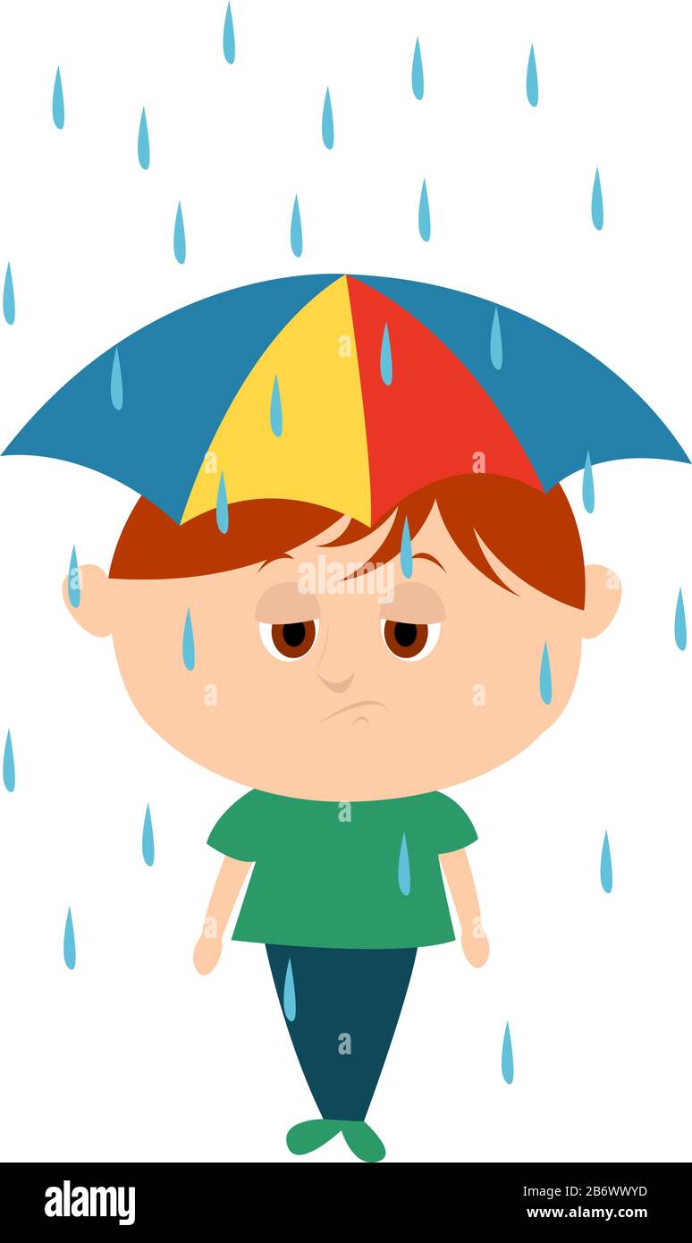 Boy under rain, illustration, vector on white background Stock Vector