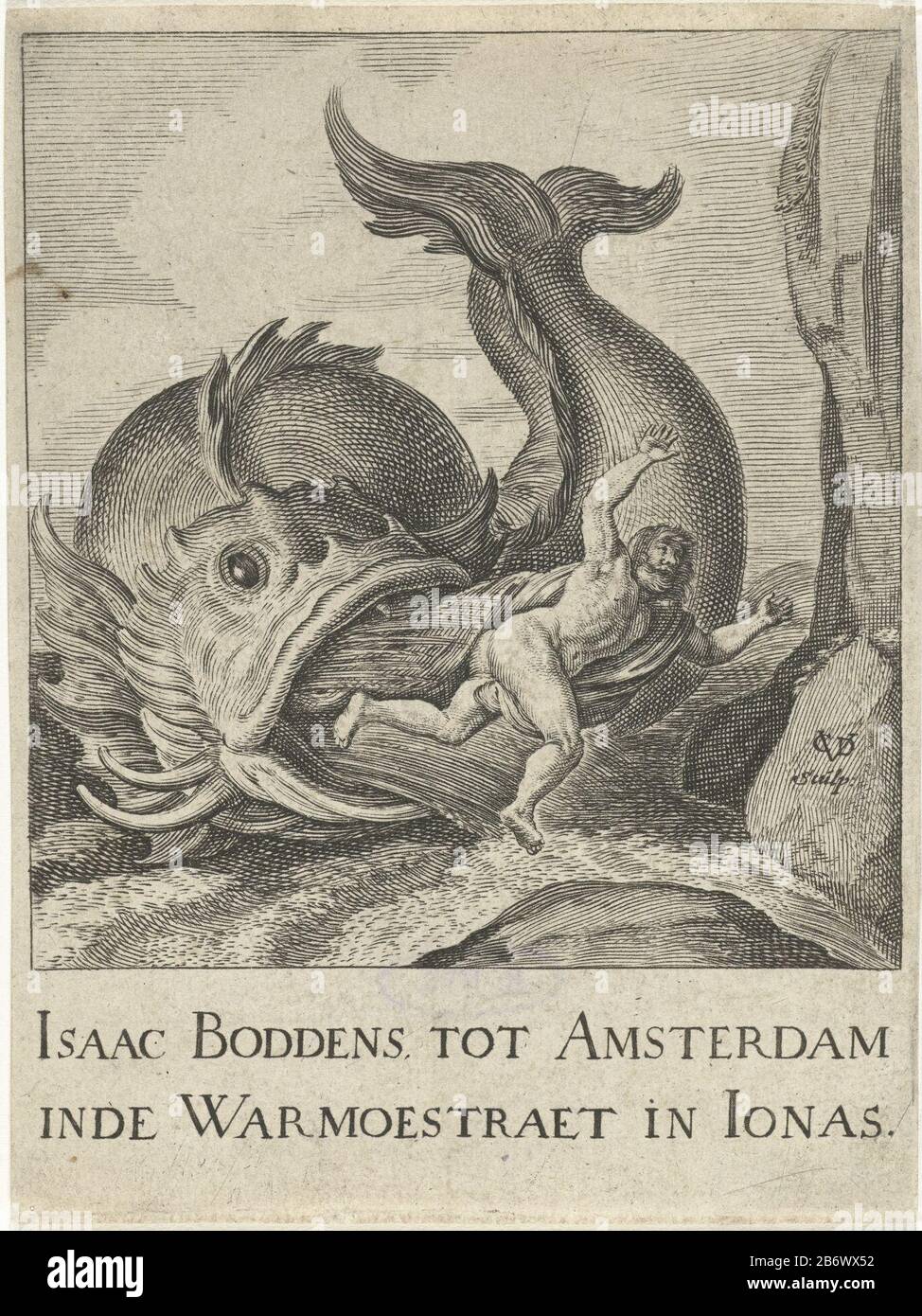 Jonas uitgespuwd door de walvis Jonas spat thrown by the whale and the coast. The show with Jonas starring refers to the person Isaac Boddens called in the bottom margin, operating in the Warmoestraat Amsterdam thus opschrift. Manufacturer : printmaker Cornelis van Dalen (I) (listed building) to design: Pieter Mandate Load: 1612 - 1665 Physical characteristics: etching and engra material: paper Technique: etching / engra (printing process) Measurements: plate edge: h × 128 mm b 95 mmToelichtingPrent to painting by Pieter Lastman. Not described in Hollstein. Compare a picture of Cornelis van Da Stock Photo