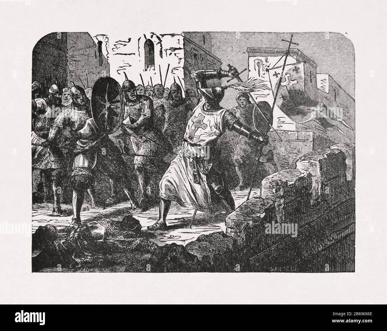 Old illustration by 'Casimir' printed in late 19th century depicting a knight templar fighting for his life in Jerusalem. Stock Photo