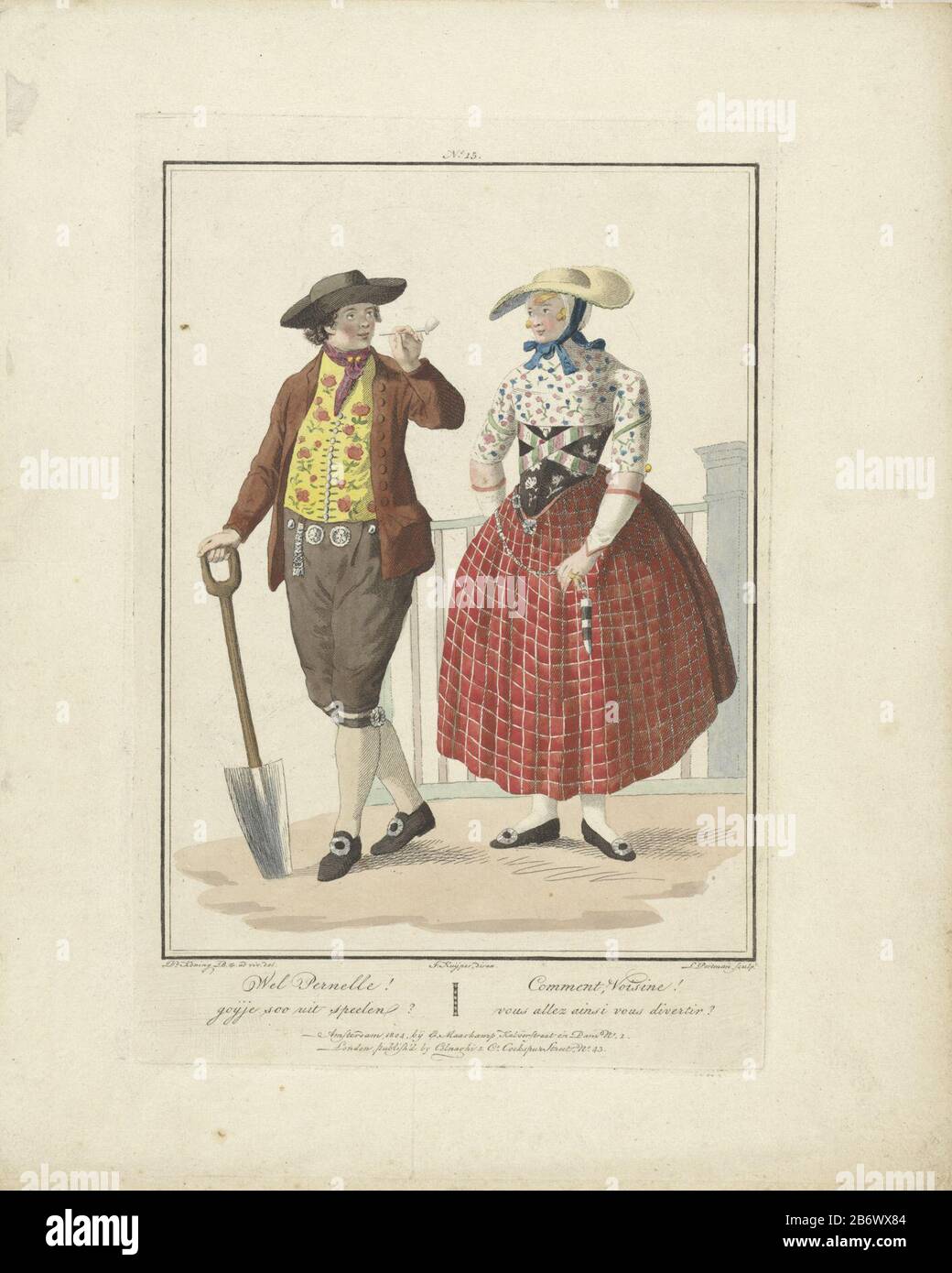 Jong paar bij een hek Wel Pernelle goijje soo uit speelen Comment, Voisine vous allez ainsi vous divertir (titel op object) A young woman in plaid skirt and floral top and hat, standing next to a gentleman with pipe and spade. Manufacturer : printmaker: Ludwig Gottlieb Portman (listed building) supervision: Jacques Kuyper (listed building) for drawing D. Bz. King (listed building) publisher Evert Maaskamp (listed building) publisher: Colnaghi & Co (listed property) Place manufacture: printmaker: Amsterdam Publisher: Amsterdam Publisher: London Date: 1803 - 1807 Physical features: stippelets an Stock Photo
