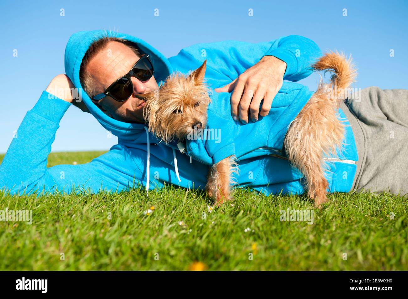Man relaxing with best friend dog in matching blue hoody sweatshirts outdoors on sunny green grass meadow Stock Photo