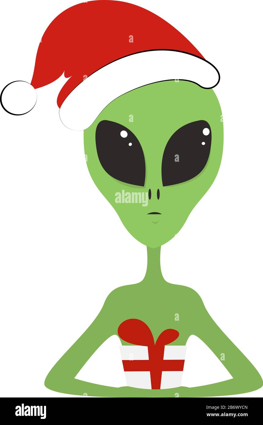 Alien with present, illustration, vector on white background. Stock Vector