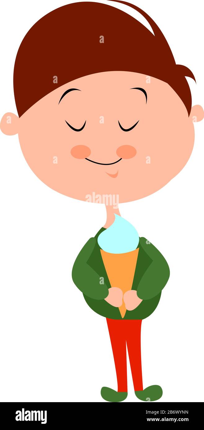 Boy with ice cream, illustration, vector on white background. Stock Vector