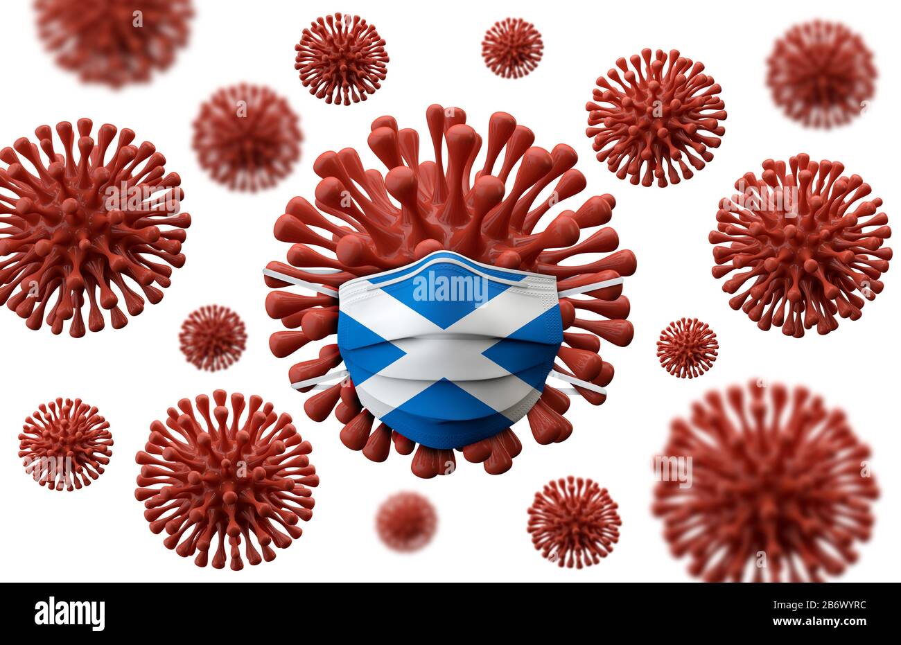 Scotland flag protective mask on a virus bacteria. 3D Render Stock Photo