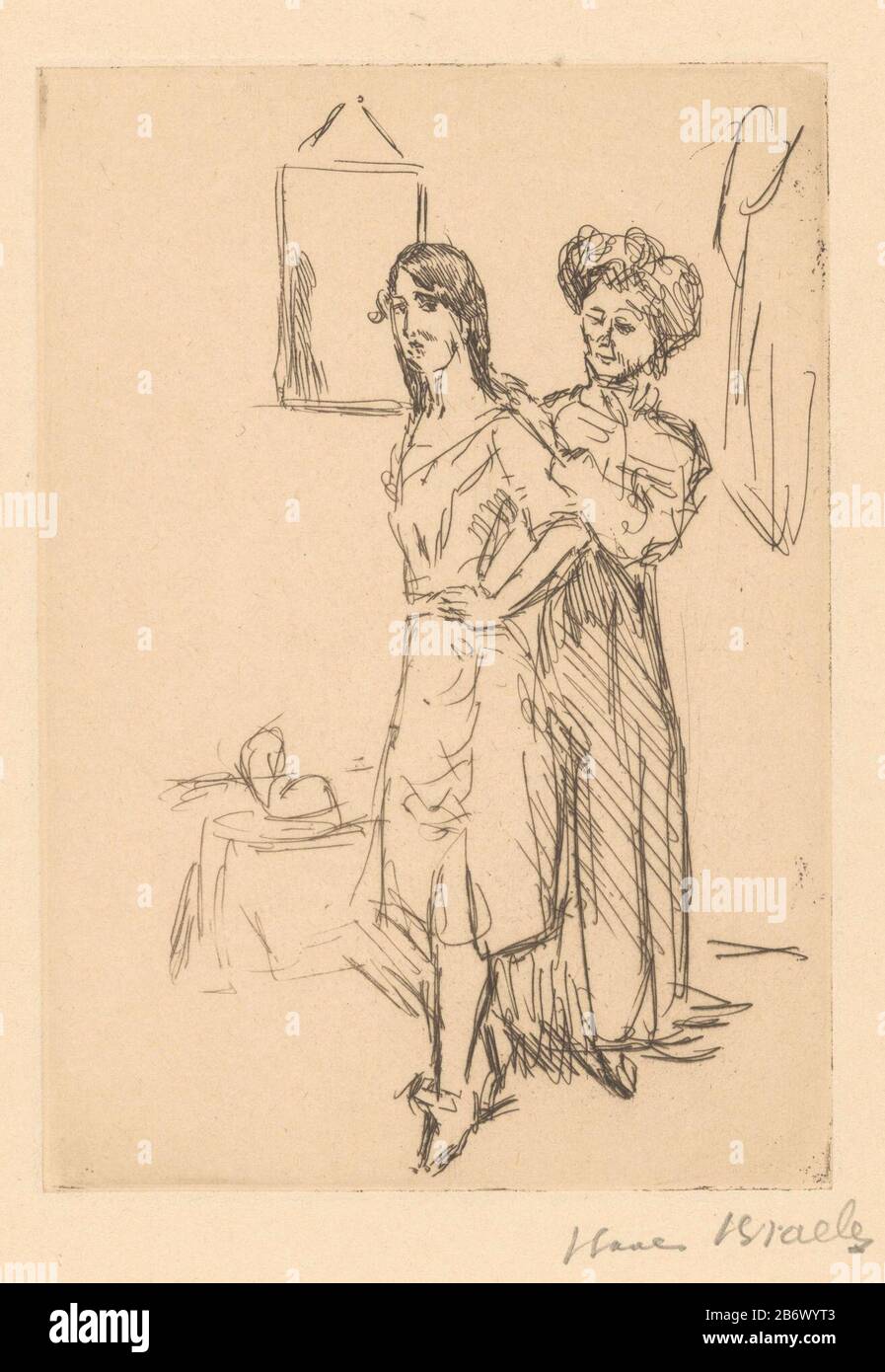 Jonge vrouw bij hoedenmaakster The woman stands with her hand on her hip while the milliner recording her size . In the background a hat on a tafel. Manufacturer : printmaker: Isaac Israels (personally signed) Date: 1878 - 1934 Material: paper Technique: etching Dimensions: plate edge: H 178 mm × W 125 mm Subject: hatteradult woman Stock Photo