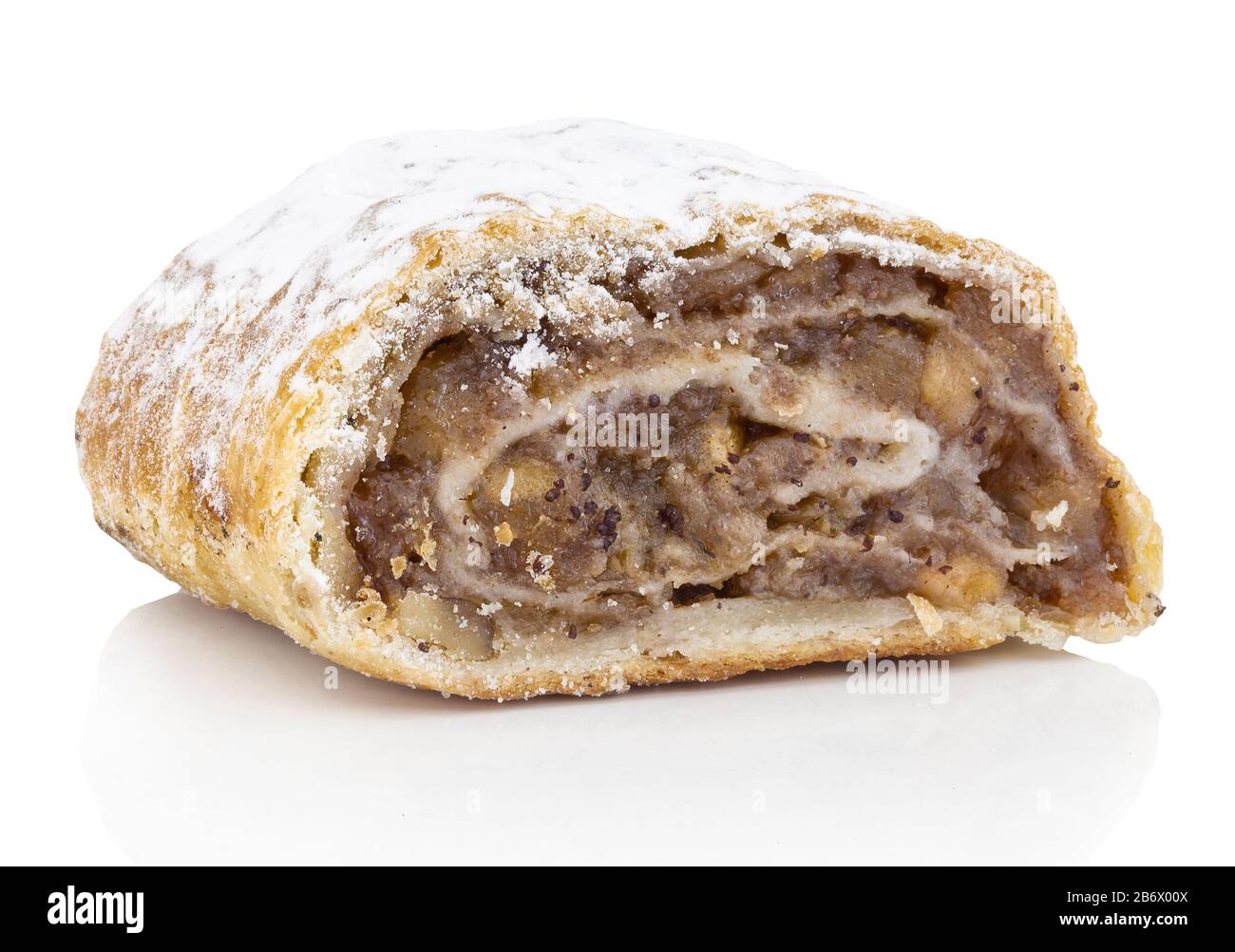 'Apfelstrudel' Apple Strudel, traditional Viennese strudel. Popular pastry in Austria, Northern Italy and other european countries. Isolated on white Stock Photo