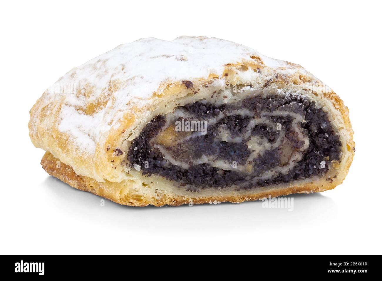 Poppy seed strudel. 'Mohnstrudel'. Isolated on white background with shadow reflection. With clipping path. With vector path. Traditional austrian str Stock Photo