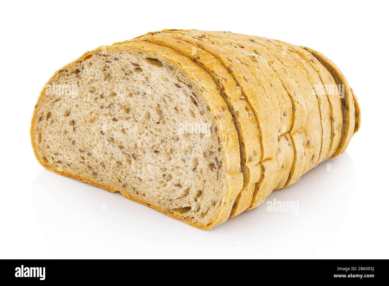 Sliced flax bread. Half sliced bread. Isolated on white background with shadow reflection. With clipping path. With vector path. Stock Photo
