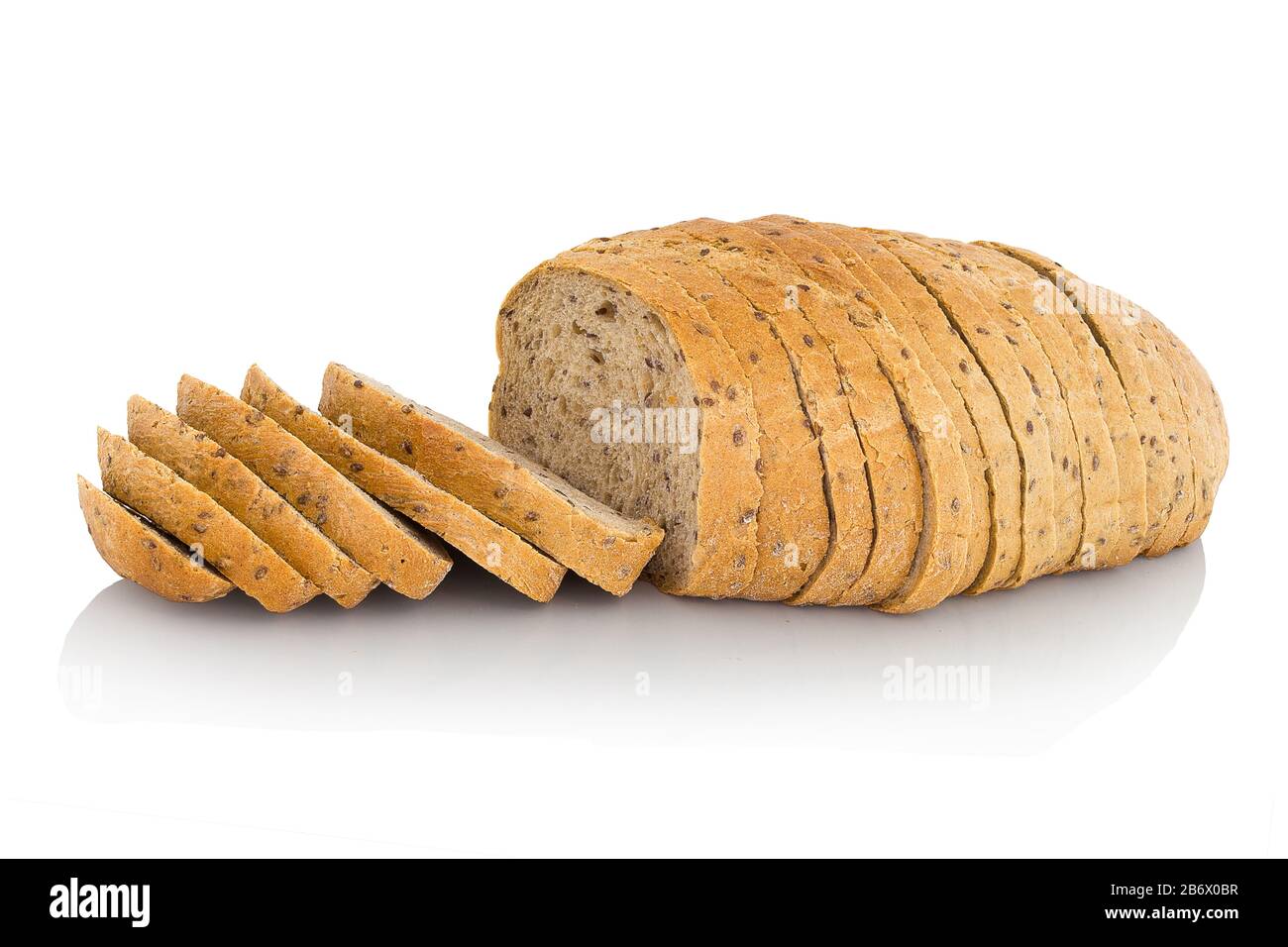 Sliced flax bread. Isolated on white background with shadow reflection. With clipping path. With vector path. Loaf of sliced bread. Stock Photo
