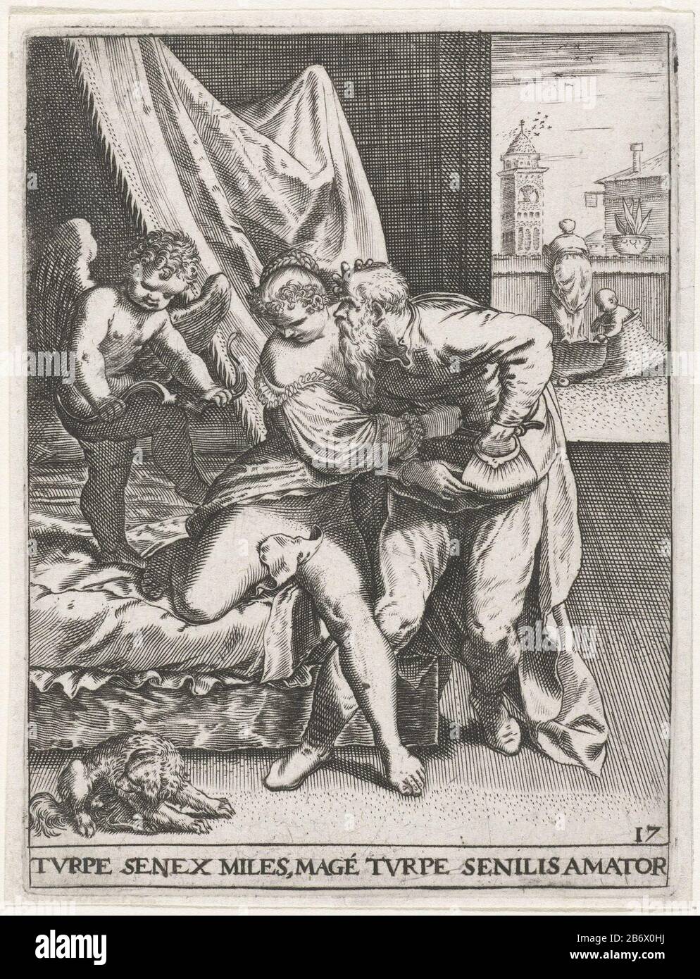 Jonge vrouw wijst oude vrijer af TURPE SENEX MILES, MAGE TURPE SENILIS  AMATOR (titel op object) Emblemata Saecularia, 1596 (serietitel) Mocking  the love song of an old man for a young woman.