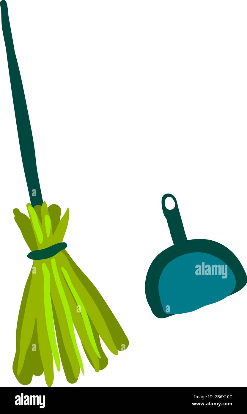 Broom and scoop, illustration, vector on white background. Stock Vector