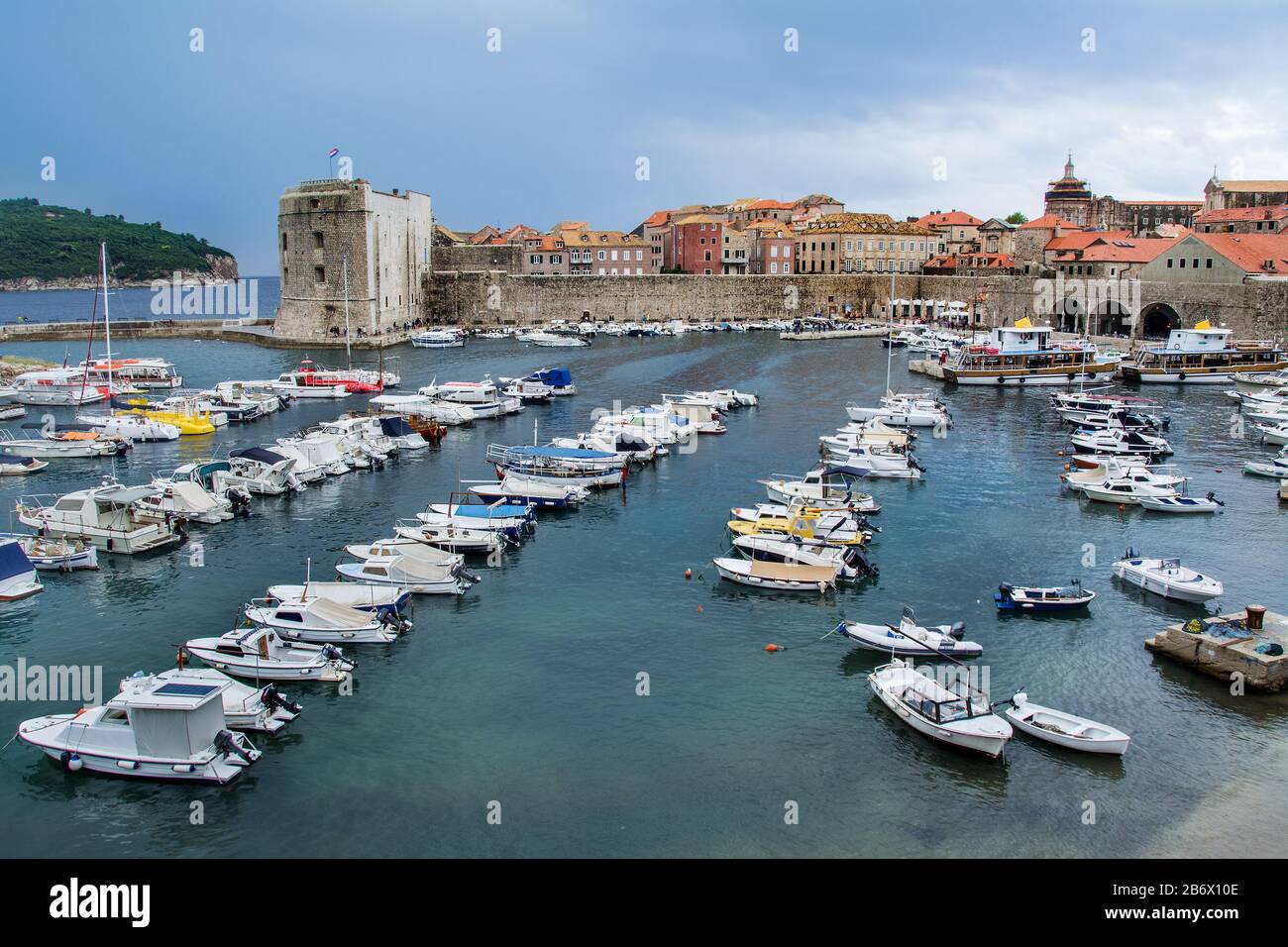 old town of Dubrovnik, harbor, city walls, Croatia UNESCO Stock Photo