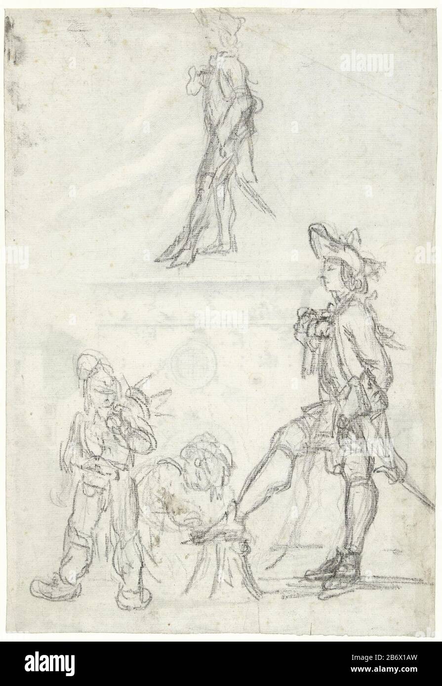 Jongeman laat zijn schoenen poetsen A young man a cross and sword let his  shoe shine; in addition to the brusher a standing child, above it a repeat  of the figure of