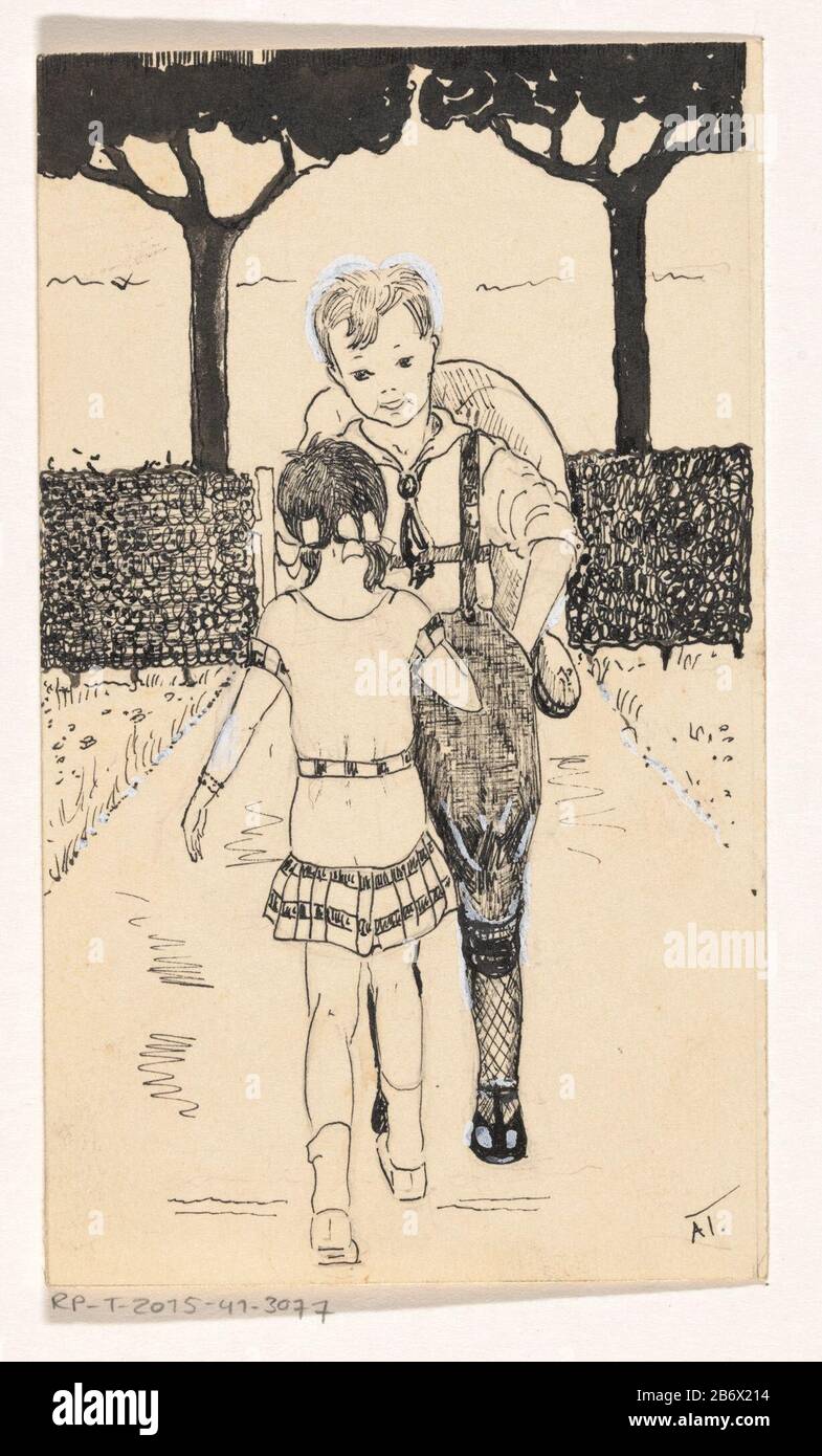 Jongen en meisje in de klederdracht van Amsterdamse wezen Amsterdam  Weeskinderen (titel op object) Part of album with photographs and  lithographs seen that: conditions in North and South Holland towns,  paintings and, image size:785x1390