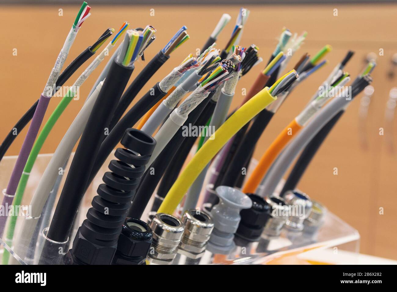 Different separation power cables on the showcase close up. Industry