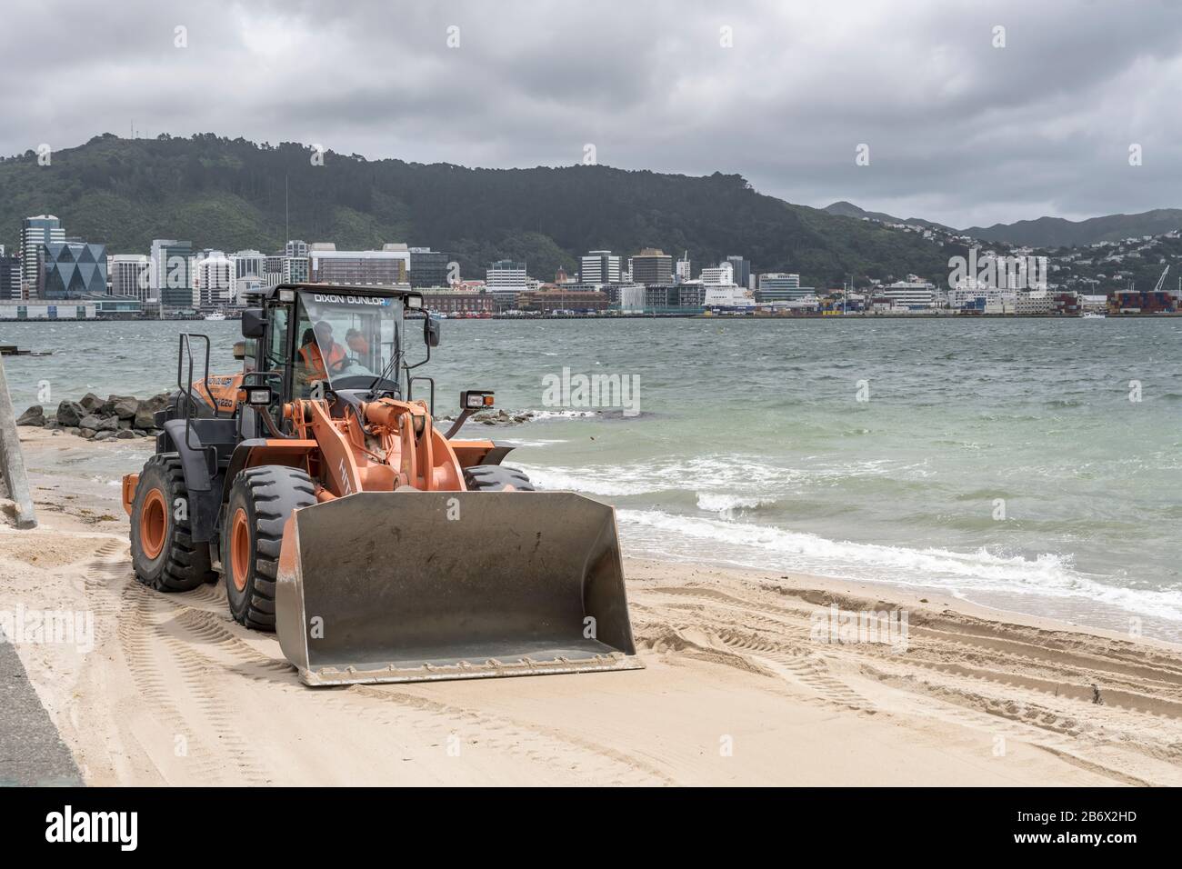 WELLINGTON, NEW ZEALAND - November 13 2019: cityscape with bulldozer evening out sand beach on bay shore at Oriental Parade neighborhood, shot in brig Stock Photo