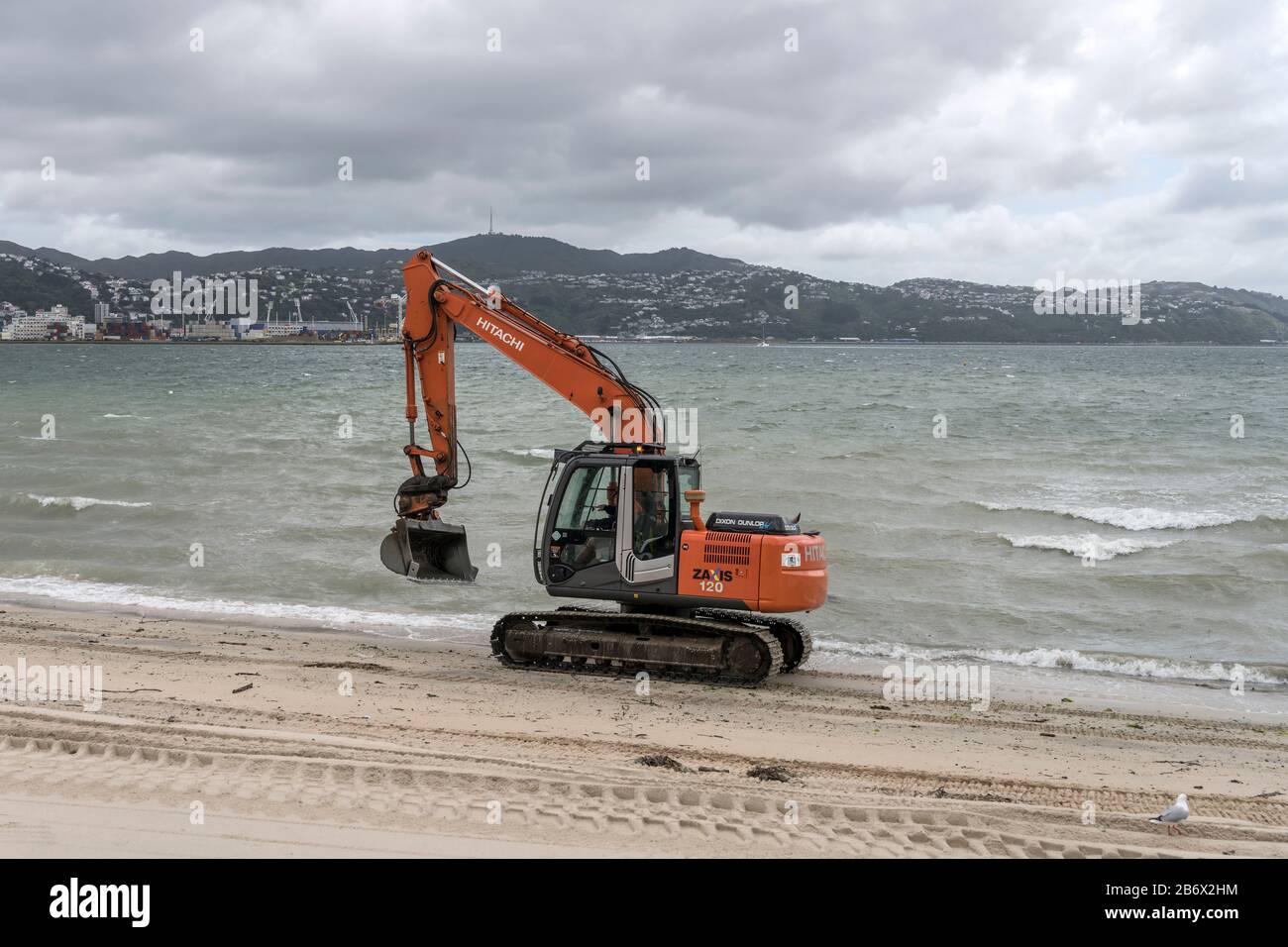 WELLINGTON, NEW ZEALAND - November 13 2019: cityscape with digger on sand beach at bay shore of Oriental Parade neighborhood, shot in bright cloudy sp Stock Photo