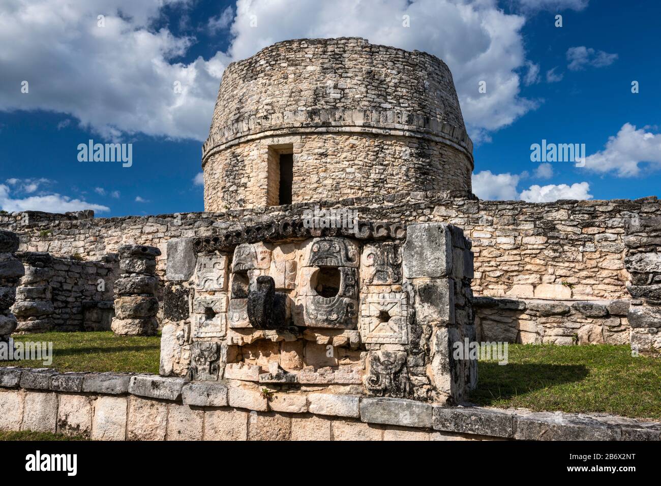 Mask of  rain god Chaac, El Templo Redondo (Rounded Temple), Mayan ruins at Mayapan archaeological site, Yucatan state, Mexico Stock Photo