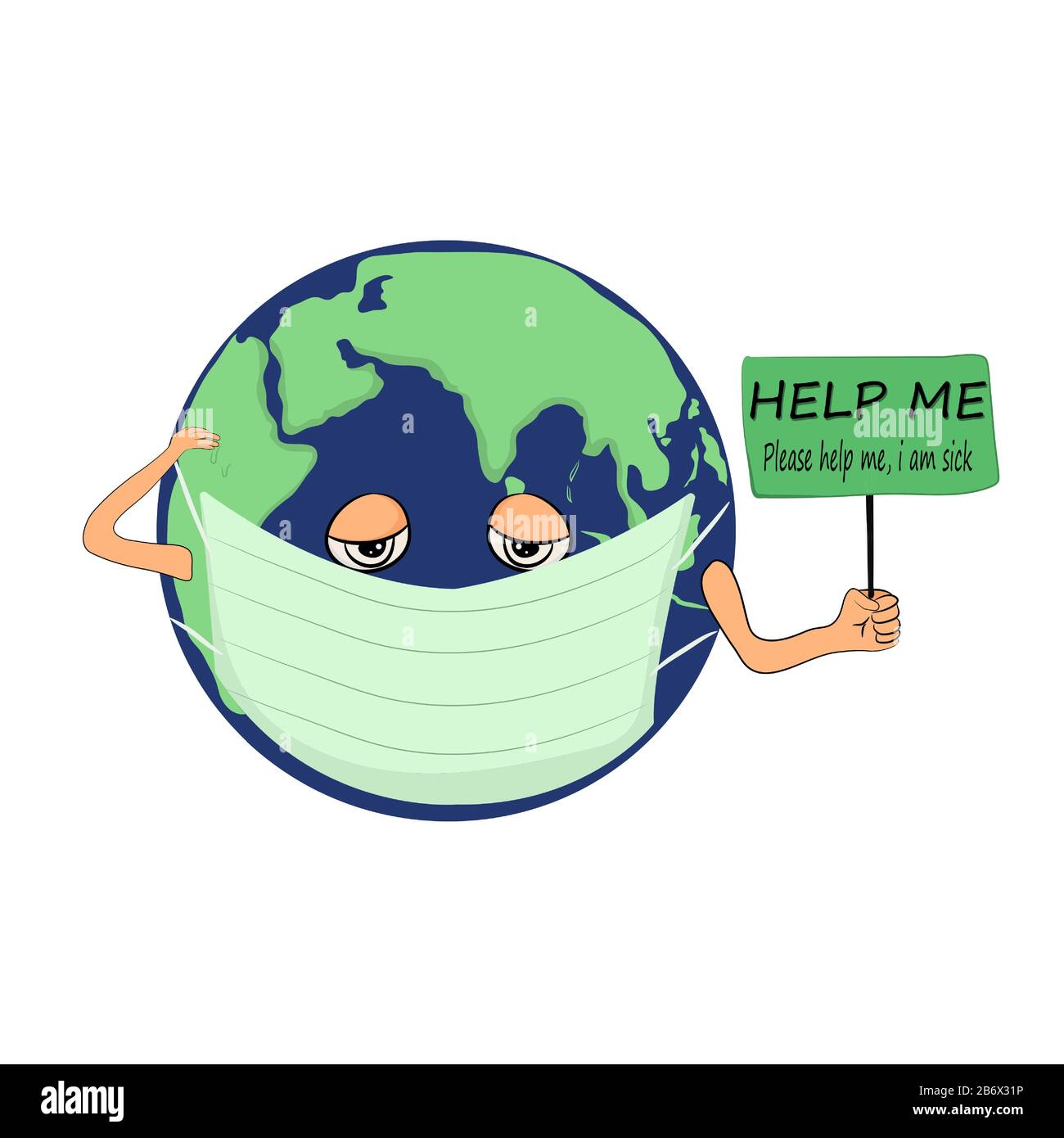 drawing by vector World cartoon sick and wearing a medical mask to prevent the pandemic colona covid-19 virus worldwide Stock Vector
