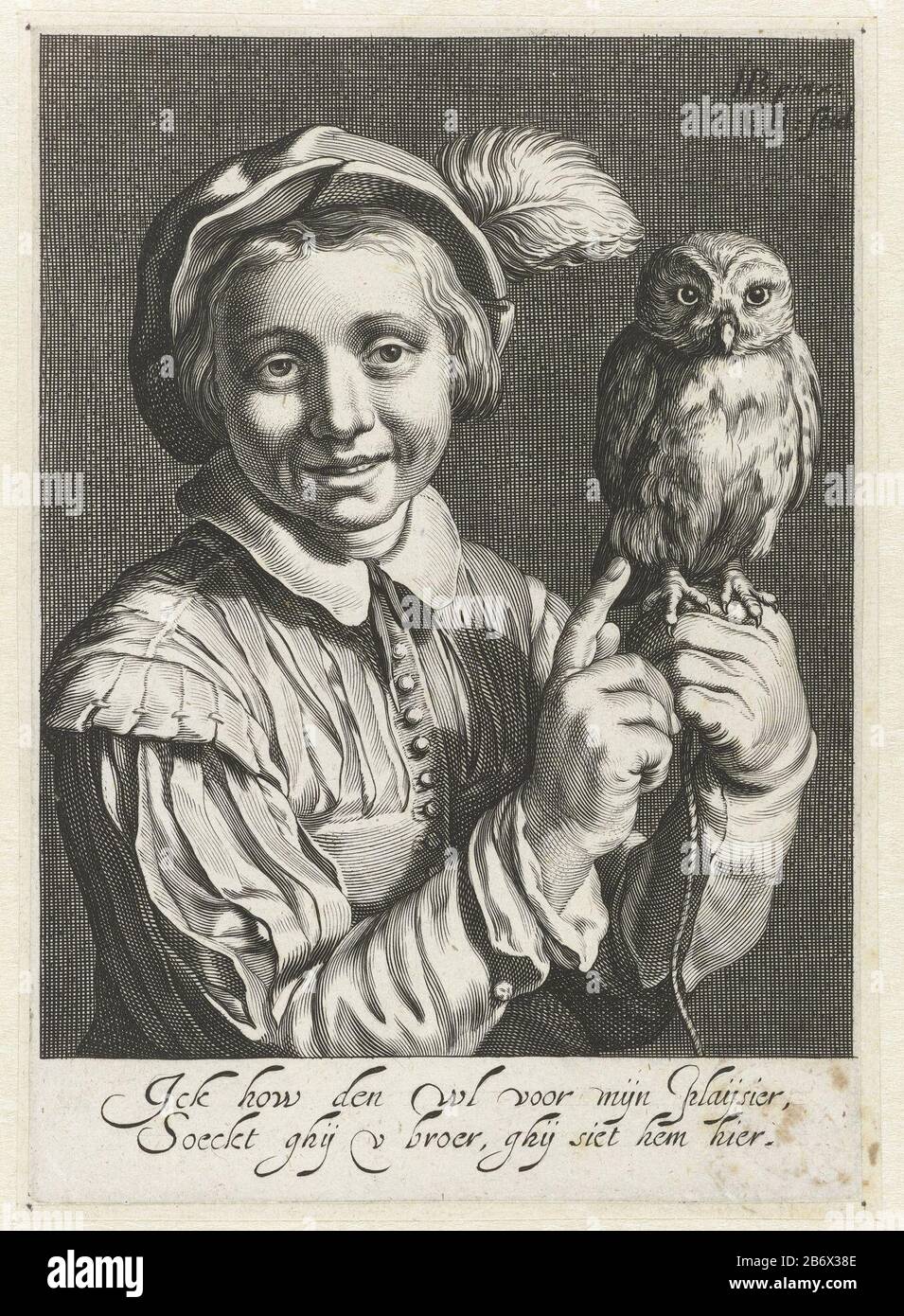 Jongen met uil A boy wearing an owl on his left hand and pointing to it with the index finger of his right hand. With two-line caption Dutch Where: is compared in the spotlight with a (stupid) uil. Manufacturer : printmaker Cornelis Bloemaert (II) (listed building) to painting: Hendrick Bloemaert (listed property) Place manufacture: Utrecht Dating: ca. 1625 Physical features: car material: paper Technique: engra (printing process) Dimensions: sheet: h 171 mm × W 122 mm Subject: owls (+ animals used symbolically) fool, simpleton, numskull Stock Photo