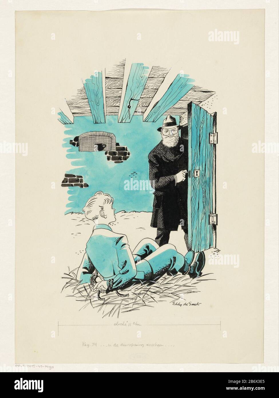Jongen opgesloten in een kelder A boy lies on straw in a barn. His hands are tied with rope behind his back. In the doorway appears a man with beard wearing a long coat and hat draagt. Manufacturer : artist: Eddy de Smet (personally signed) Date: on or after 1947 Physical features: pen and brush in Indian ink with brush in blue over pencil; corrections white dekverf Material: paper ink Indian ink body color pencil Technique: pen / brush dimensions: H 320 mm × W 226 mmToelichtingOntwerp for: Blinxma, Johan. Dickie Dijkstra is a journalist. Amsterdam: Veen, or after 1947. Subject: basement, cell Stock Photo