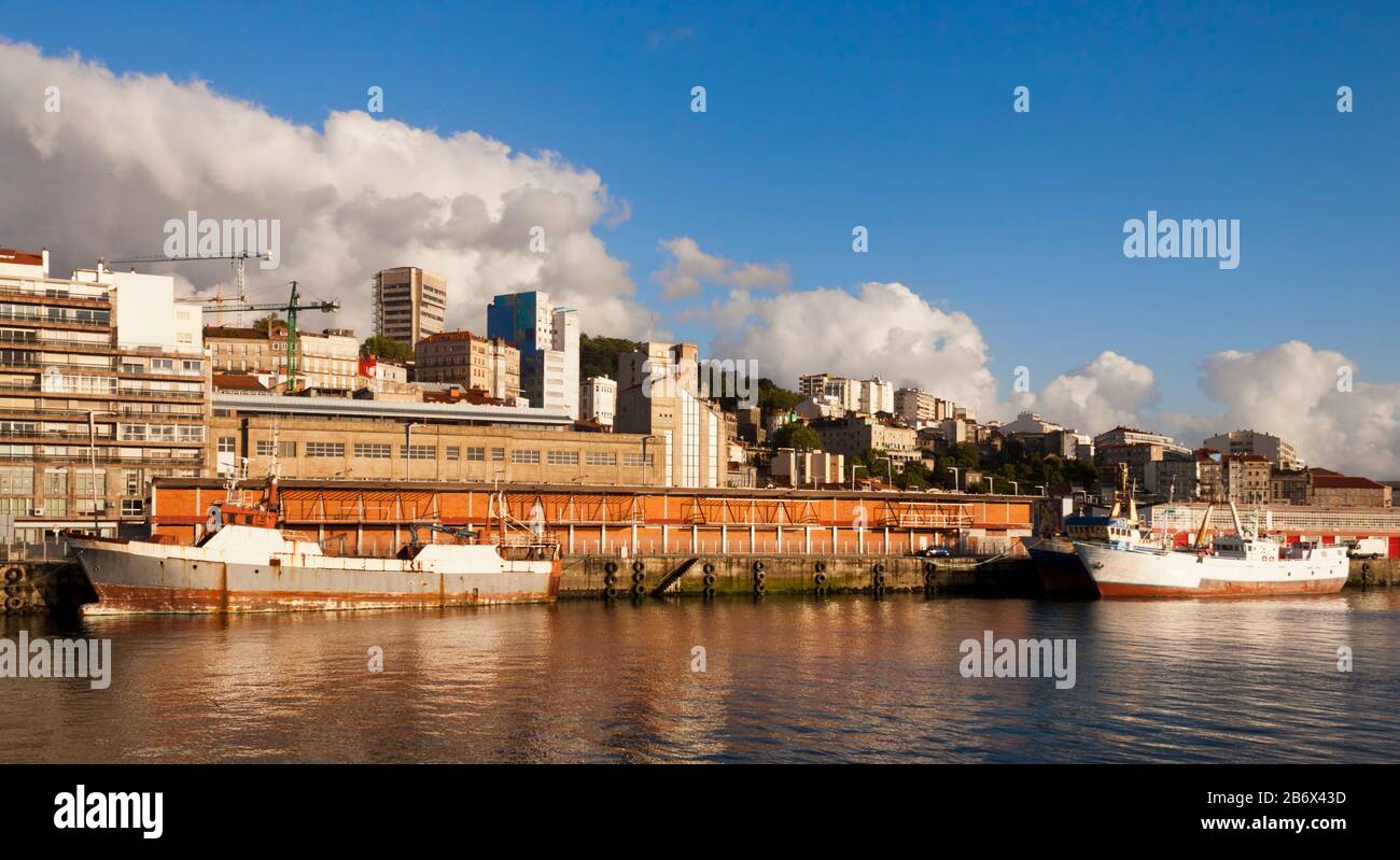 Old ships in the port of Vigo city in Pontevedra, Galicia, Spain. Stock Photo