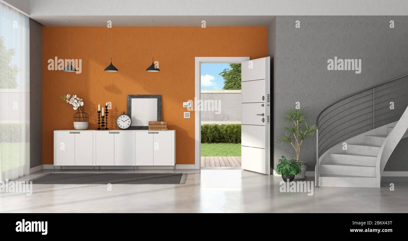 Entrance hallway with open door, sideboard on orange wall and concrete staircase - 3d rendering Stock Photo