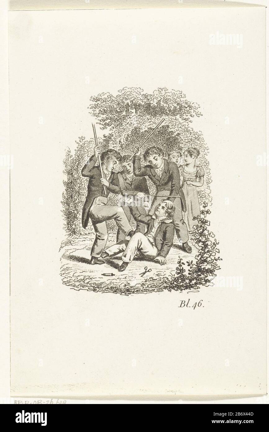 Jongens slaan jongen met stokken Boys beat boy with sticks object type: picture book illustration Item number: RP-P-OB-26.618 Inscriptions / Brands: inscription, recto, printed: 'bl. 46.' collector's mark , verso bottom center, stamped: Lugt 2228 Manufacturer : print maker: Johannes Alexander Rudolf Best Place manufacture: Amsterdam Date: 1807 - 1855 Physical characteristics: etching material: paper Technique: etching dimensions: sheet: h 183 mm × W 114 mmToelichtingPrent used as the book illustration in unknown edition, illustration with text on p. 46. Subject: fighting youth, adolescent Stock Photo
