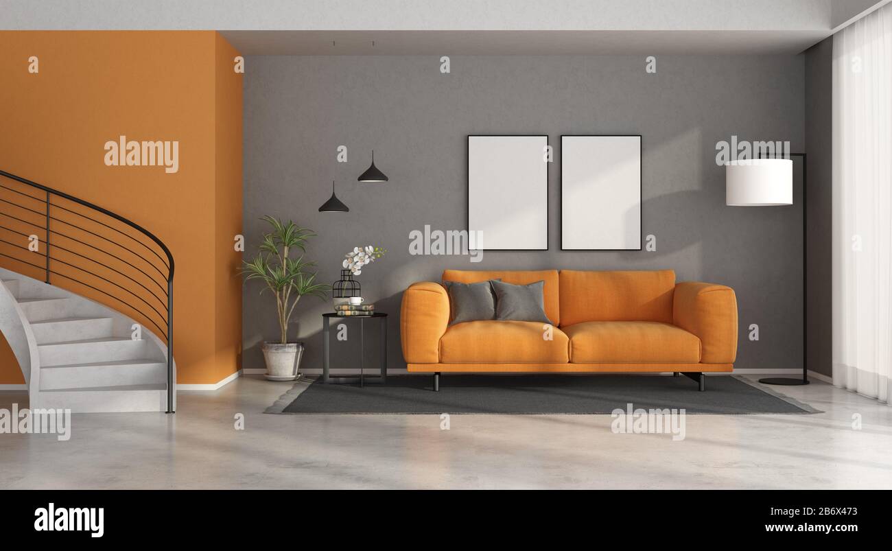 Gray Orange Modern Living Room Concrete Wall Sofa High Resolution Stock Photography And Images Alamy
