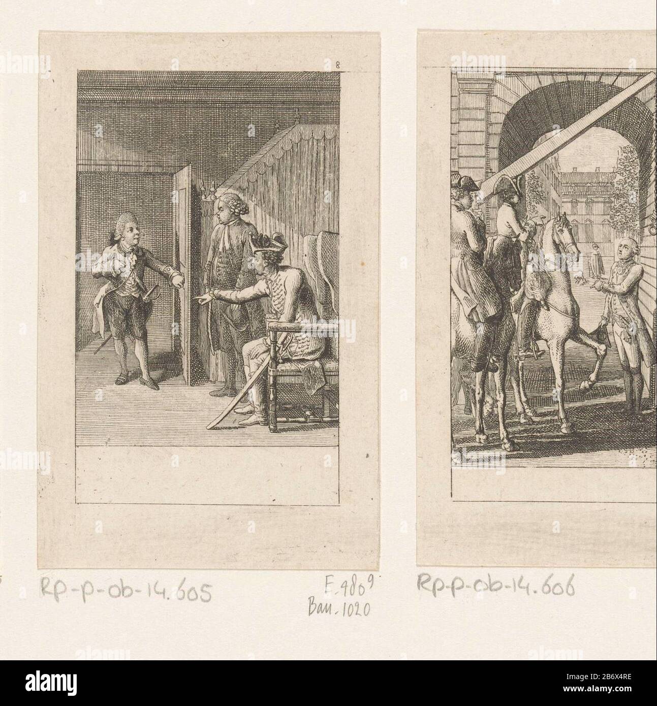 Jonkheer Siegfried roept zijn raadsman tot zich Upper right numbered : 8. Manufacturer : printmaker Daniel Nikolaus ChodoWie: ckinaar own design: Daniel Nikolaus ChodowieckiPlaats manufacture: Berlin Date: 1783 Physical features: etching; proofing material: paper Technique: etching dimensions: sheet: h 100 mm (cut off inner plate edge) × W 64 mm (cut-off inner plate edge) Notes for Manufactured J. G. Müller's 'Siegfried von Lindenberg'. A later state used: Goettinger Taschen Calender vom Jahr 1784 bey Joh. Chr. Dietrich. Göttingen: Georg Christoph Lichtenberg, 1784. Subject: Literature interio Stock Photo