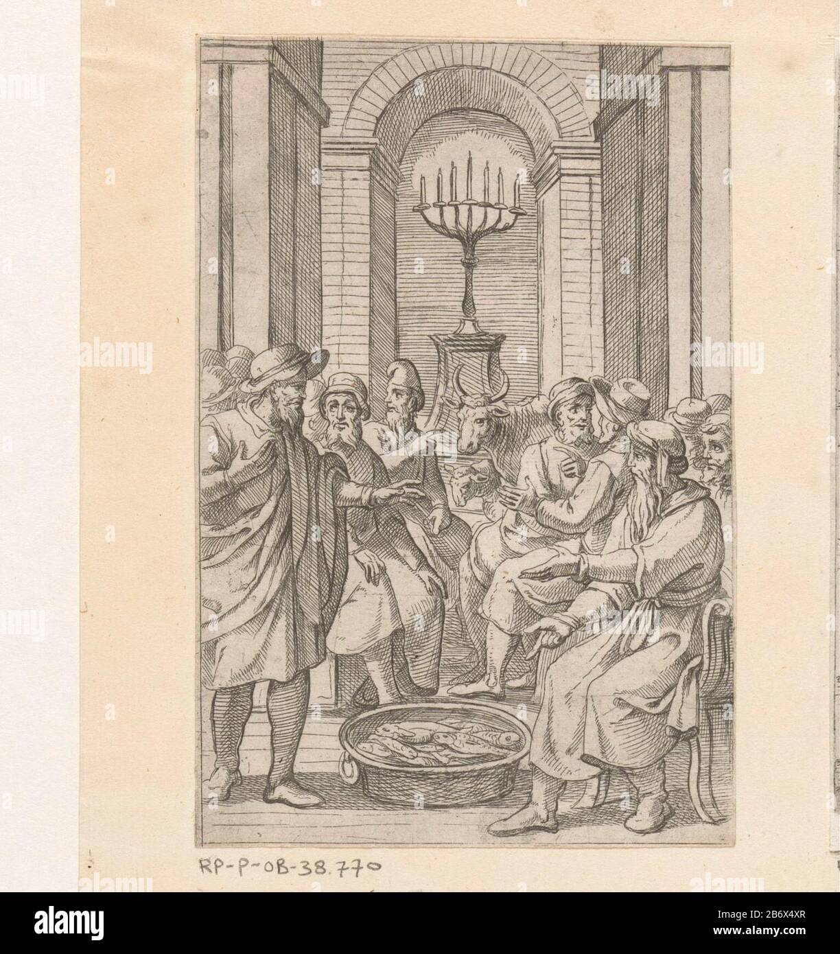 Joodse mannen in een tempel Leven van Simon van Trente (serietitel) Interior of a temple men around a tank filled with fish. Possibly it Jewish men plotting the kidnapping of Simon of Trent. In the middle two animals, and a menora. Manufacturer : print maker: anonymous location manufacture: Italy Date: 1550 - 1649 Physical characteristics: etching material: paper Technique: etching dimensions: sheet: h 125 mm (cut-off inner plate edge) × W 84 mm (cut-off inner plate edge)  Subject : fishes'menorah 'golden seven-branched candlestick, kept in the Tabernacle Stock Photo