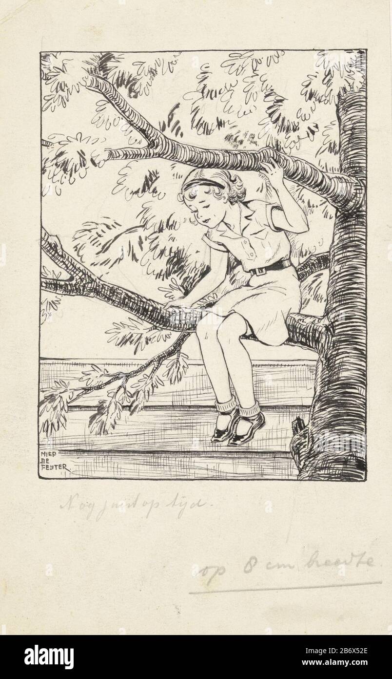 jos zittend in een boom girl sits on a branch in a tree she clings to a branch and looks down in the background a hek manufacturer artist miep the feijter personally signed date characteristics or 1935 physical pen in indian ink and pencil material paper indian ink pencil technique pen dimensions h 235 mm w 148 mmtoelichtingontwerp for jehu felicie others two friends stories for boys and girls aged 6 8 years amsterdam veen 1935 subject tree sitting figure aa female human figure girl child between toddler and youth 2B6X52E