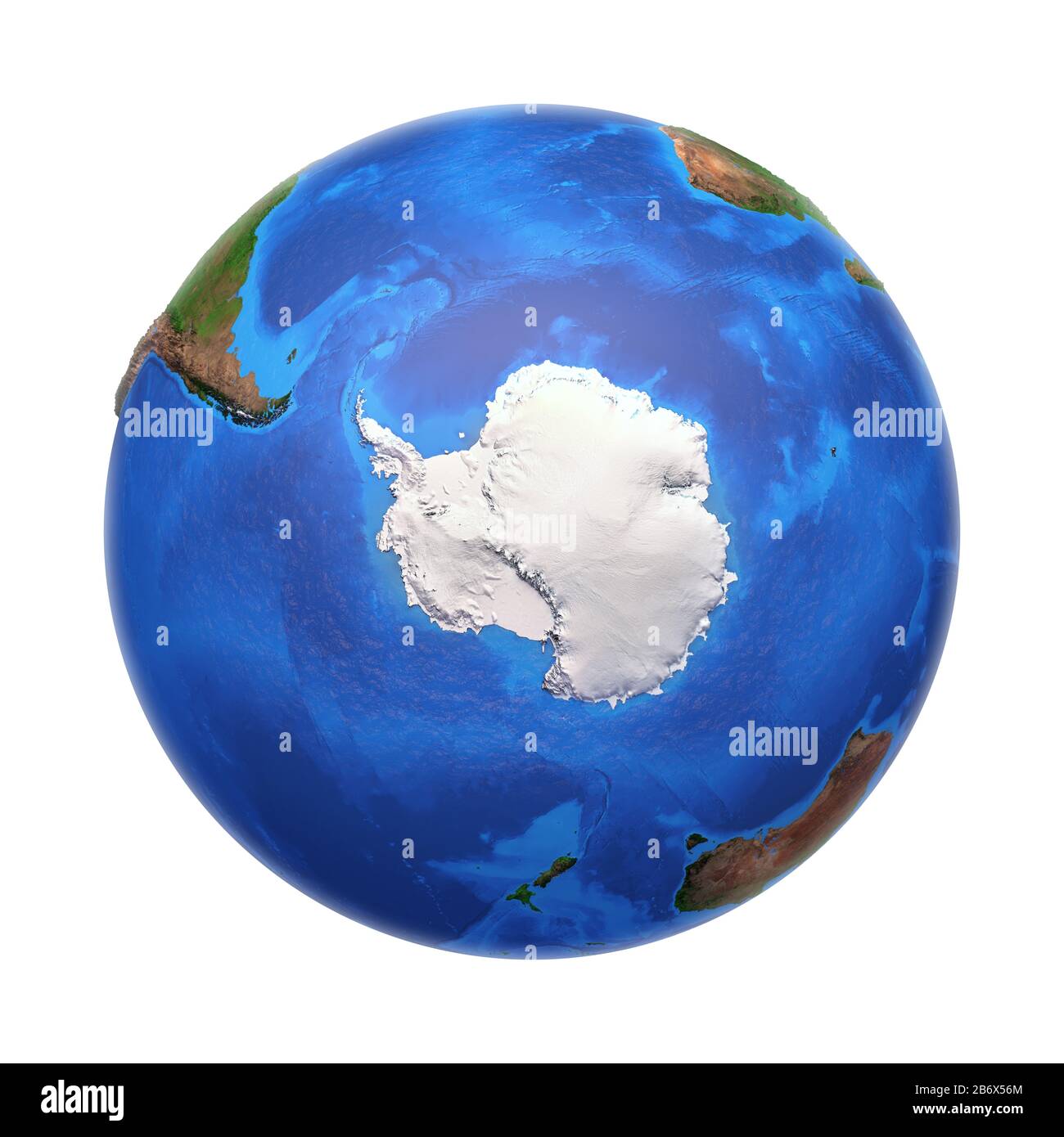Antarctica continent viewed from a satellite. Physical map of South Pole. 3D illustration of planet Earth isolated on white, with high bump effect - E Stock Photo