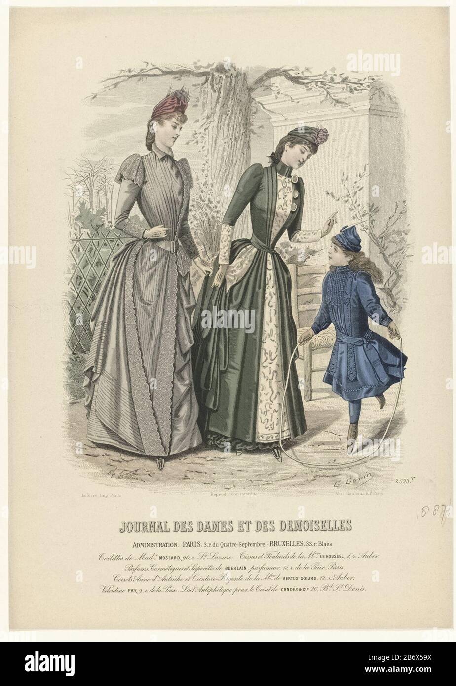 Journal des Dames et des Demoiselles, 1887, No 2523 Toilettes de Made MOSLARD () Two women in high-necked dresses with queue in a park. A girl is skipping. According to the caption, 'toilettes' of Moslard. Here are some rules text advertising for various products. Print out the fashion magazine Journal des Dames et des Demoiselles (1852-1902) . Manufacturer : printmaker A. Bodin (listed building), designed by Guido Gonin (listed building) Publisher: Abel Goubaud (listed building) printer: H. Lefèvre (listed property) Place manufacture: Paris Date: 1887 Physical features: engra, hand-colored ma Stock Photo