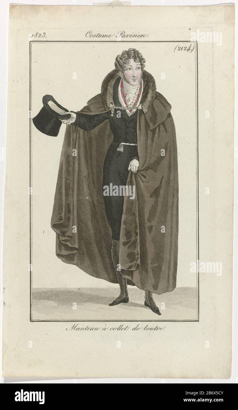 Man dressed in a cape with cape, and a collar of otter fur. Below frak  double-breasted, jacket and shorts. Shirt and knotted cravat. Stockings.  Accessories: lapel, hat, gloves, flat shoes. The picture