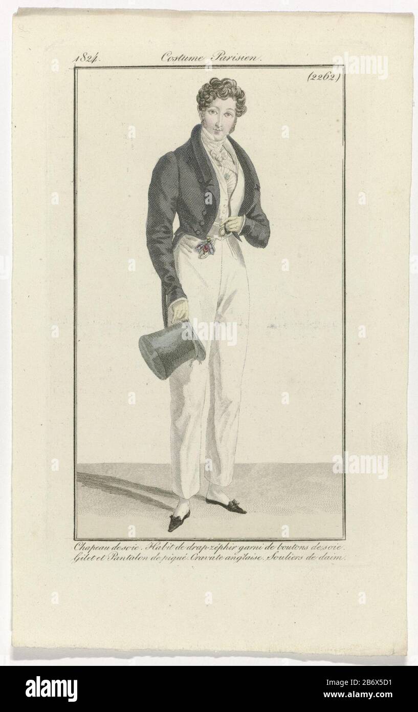 Journal des Dames et des Modes mannenmode Journal des Dames et des Modes,  Costume Parisien, 10 septembre 1824, (2262) Chapeau de soi () Man with hand  in a high silk hat. He
