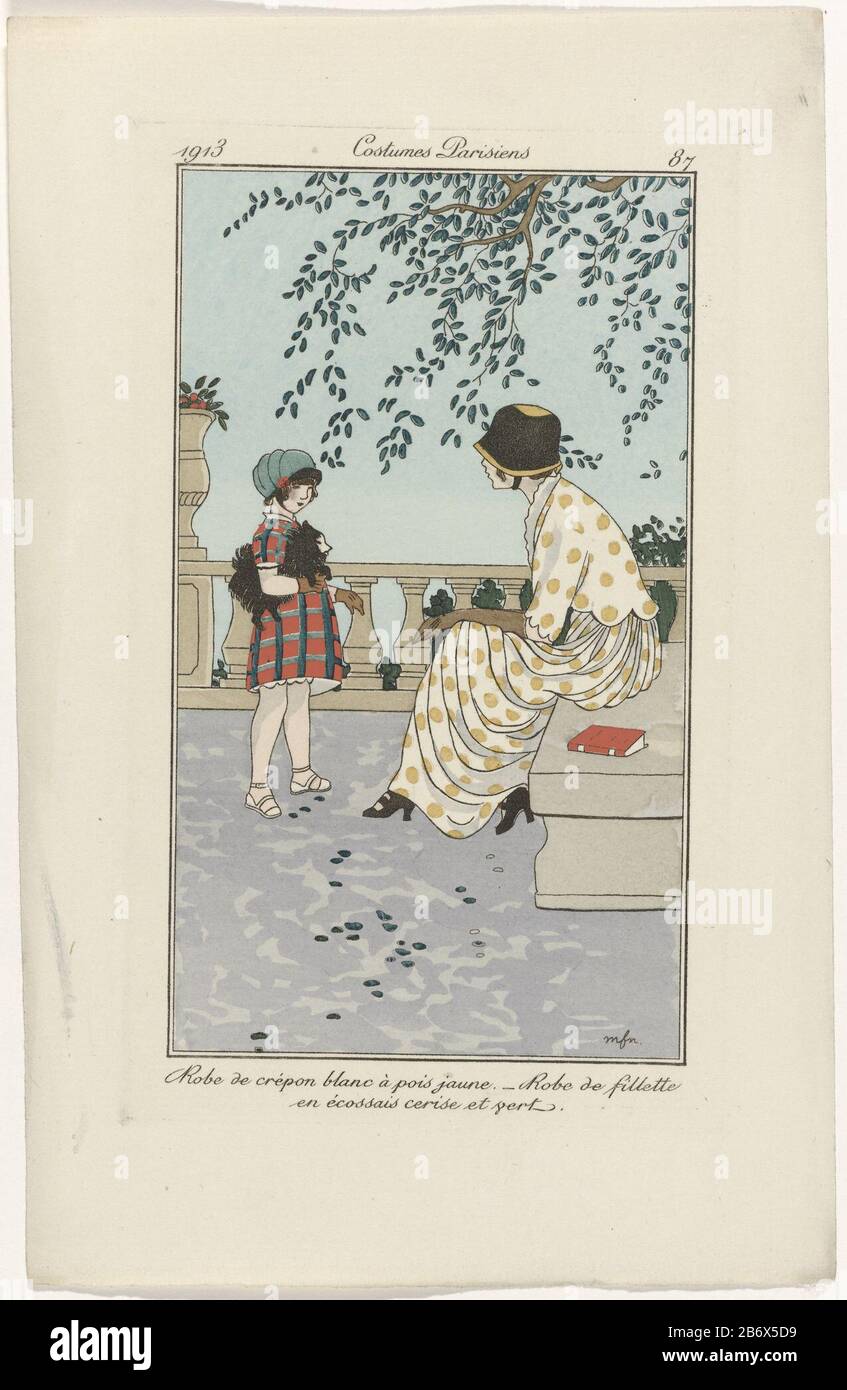Woman In Gown Of White Crepe With Yellow Dots Sitting On A Couch For Her A Girl In A Tartan Dress In Red And Green Among The Arm It Carries A Dog