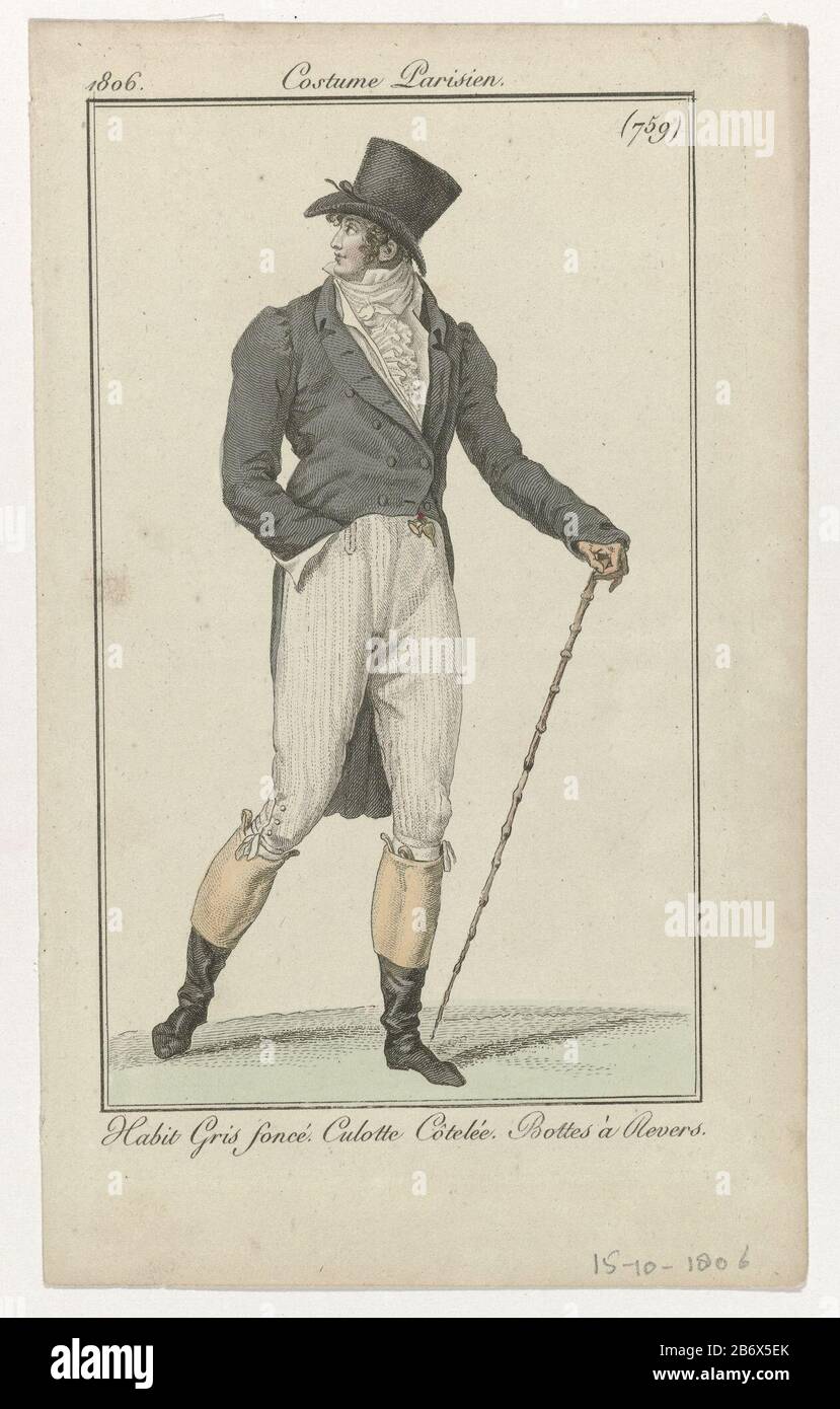 Man running to the right, dressed in a dark gray 'habit', vest and shorts.  Wrinkled shirt with jabot. Cravate. Further accessories: hat, glove,  walking boots with contrasting cuffs. The picture is part