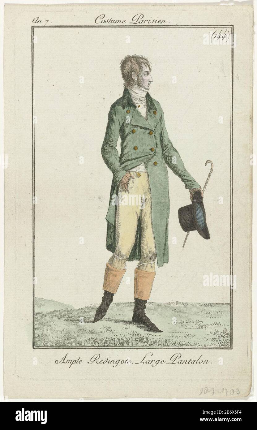 Journal des Dames et des Modes mannenmode Journal des Dames et des Modes,  Costume Parisien, 28 juillet 1799, An 7, (144) Ample Redingot () Man  running to the right, wearing a large