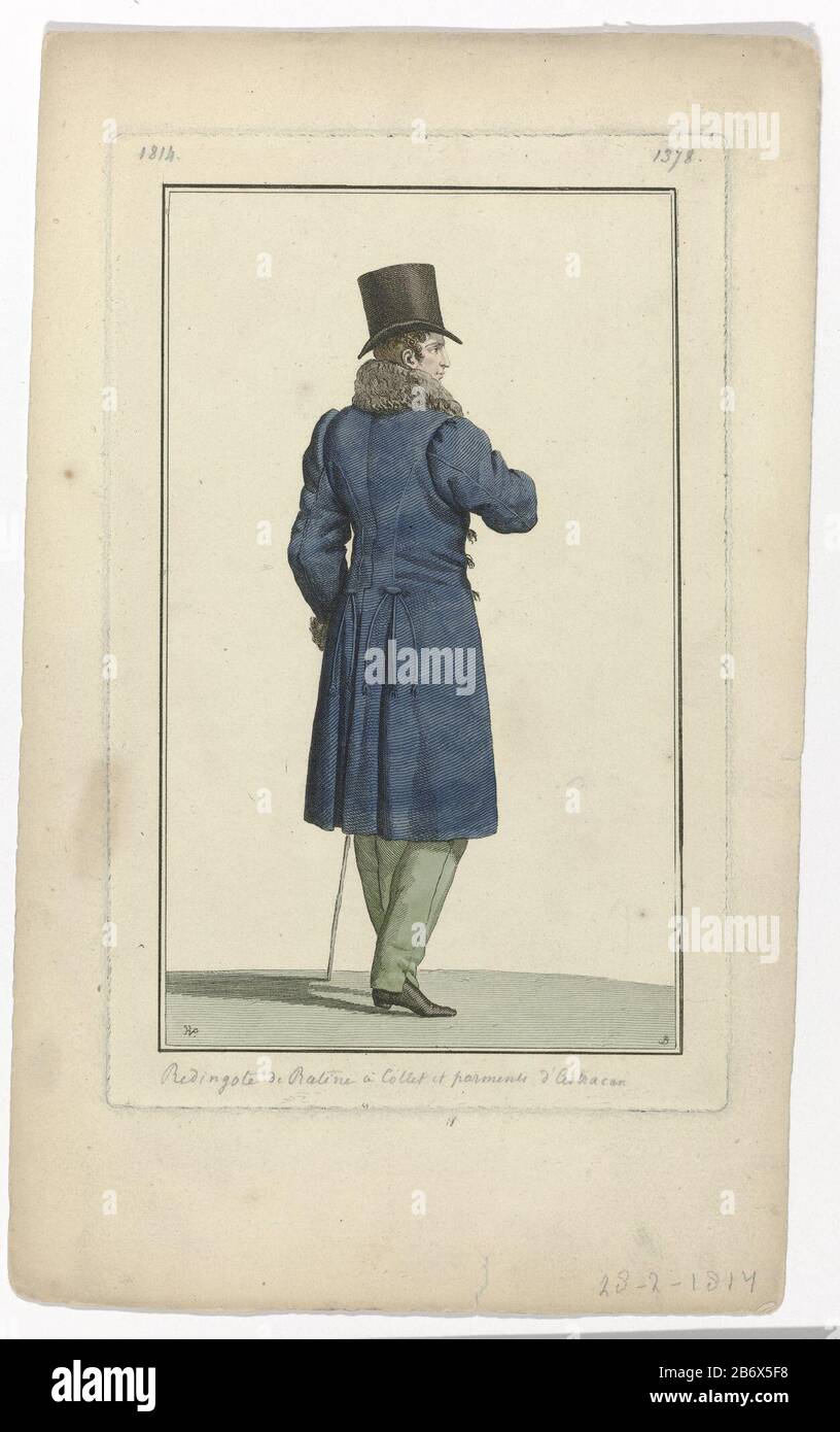 pare man: man, seen from the back, walking to the right, wearing a redingote of ratiné on long pants. Collar and cuffs of astrakhan. Accessories: top hat, cane, shoe heel. Colored proof of a picture from fashion magazine Journal des Dames et des Modes, published by Pierre de la Mésangère, Paris, 1797-1839. Manufacturer : printmaker: Pierre Charles Baquoy (listed property) to drawing: Horace Vernet (listed object ) publisher: Pierre de la MésangèrePlaats manufacture: Paris Date: 1814 Physical features: engra; proofing material: paper Technique: engra (printing process) Measurements: plate edge: Stock Photo