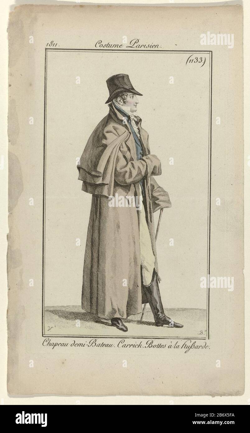 Journal des Dames et des Modes mannenmode Journal des Dames et des Modes,  Costume Parisien, 31 mars 1811, (1133) Chapeau demi-Bateau () Man right on  the head a 'chapeau demi-Bateau. He wears
