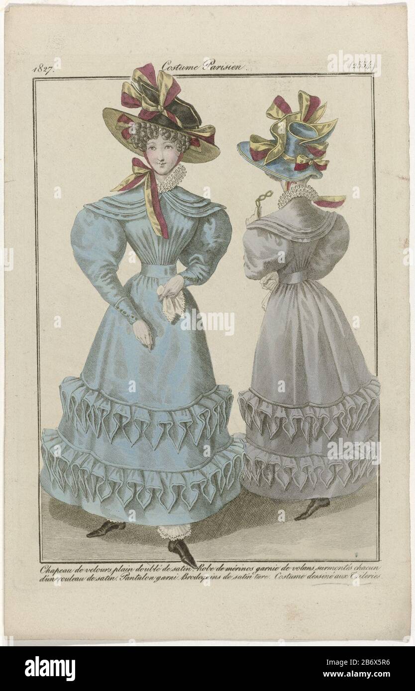 Journal des Dames et des Modes vrouwenmode Journal des Dames et des Modes,  Costume Parisien, 30 novembre 1827, (2554) Chapeau de velours () Standing  woman dressed in a gown of merino wool