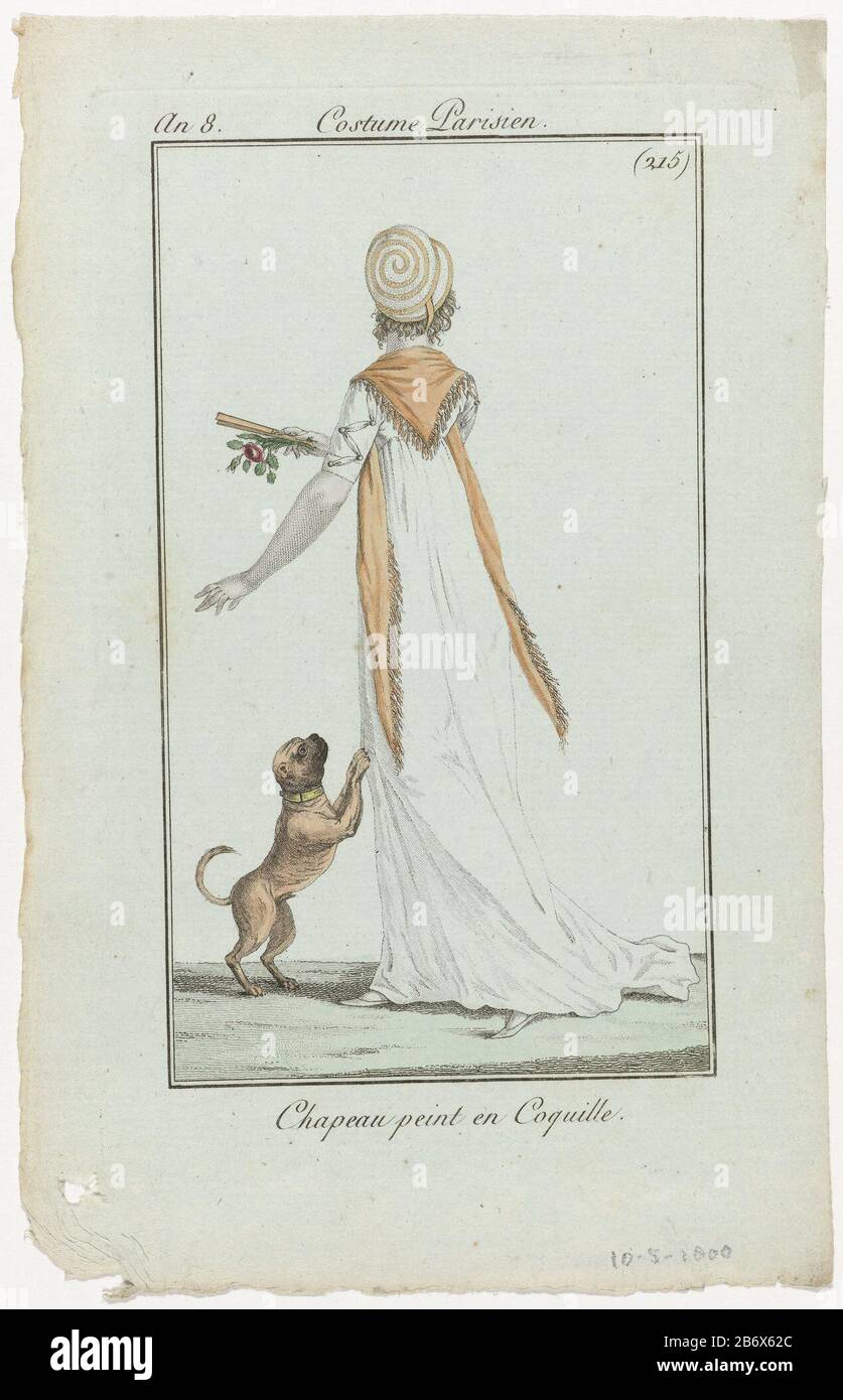 Journal des Dames et des Modes, Costume Parisien, 10 mai 1800, An 8, (215) Chapeau peint en Coquille F, seen from the back, ha on its head a painted hat: 'Chapeau peint and Mold. ' She wears a gown with short sleeves and drag. On the back of the sleeve a zigzag ornamentation. Further accessories: around shoulders dropped a shawl with fringes, fan, flat shoes with pointed noses. a flower in the right hand. Left a bouncy dog with collar. The picture is part of the fashion magazine Journal des Dames et des Modes, published by Pierre de la Mésangère, Paris, 1797-1839. Manufacturer : printmaker: Stock Photo