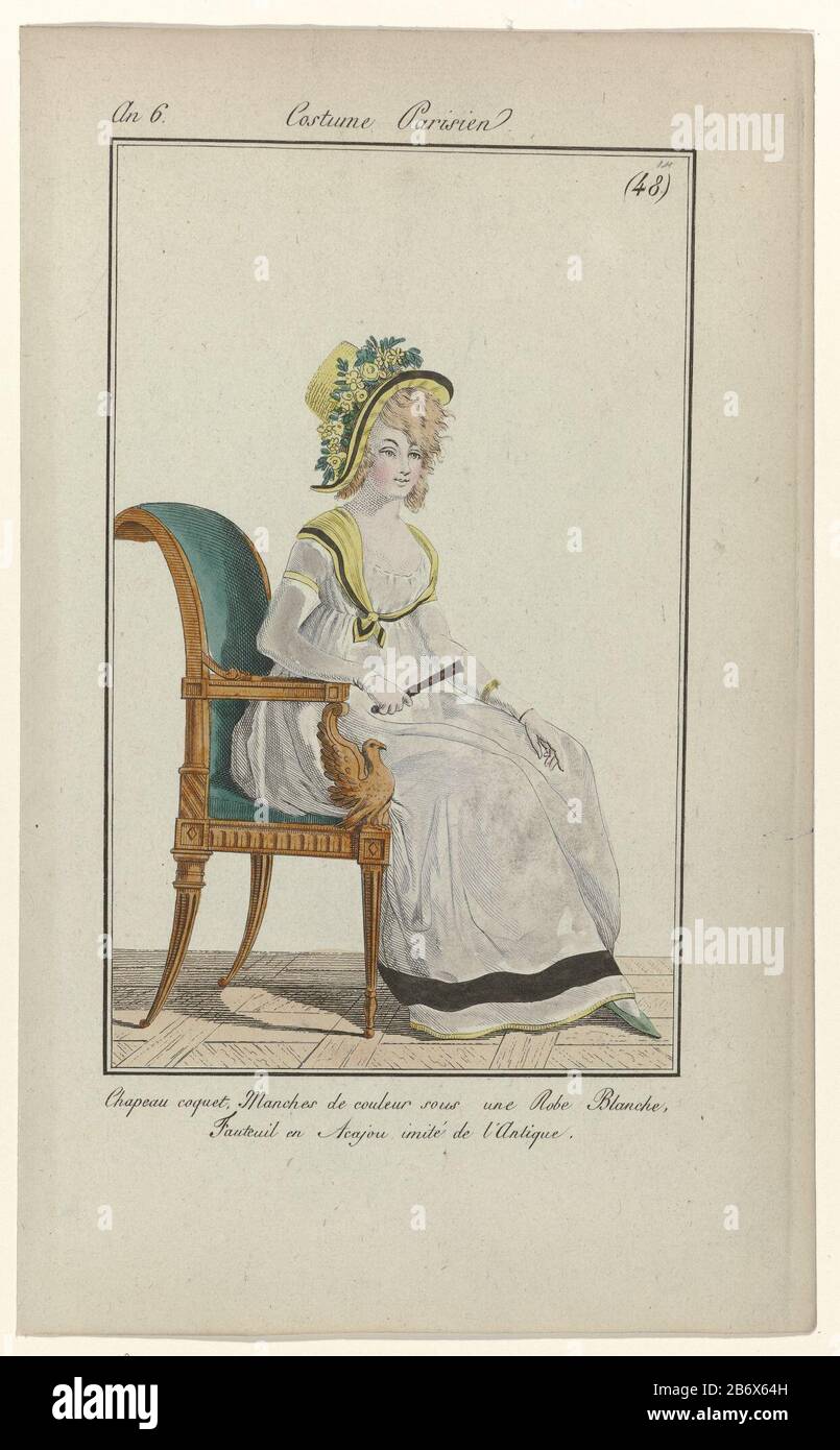 Journal des Dames et des Modes, Costume Parisien, 11 juillet 1798, (48)  Chapeau coquet Woman with head on a chapeau vain. Colored sleeves under a  white gown. Fan in hand. She sits