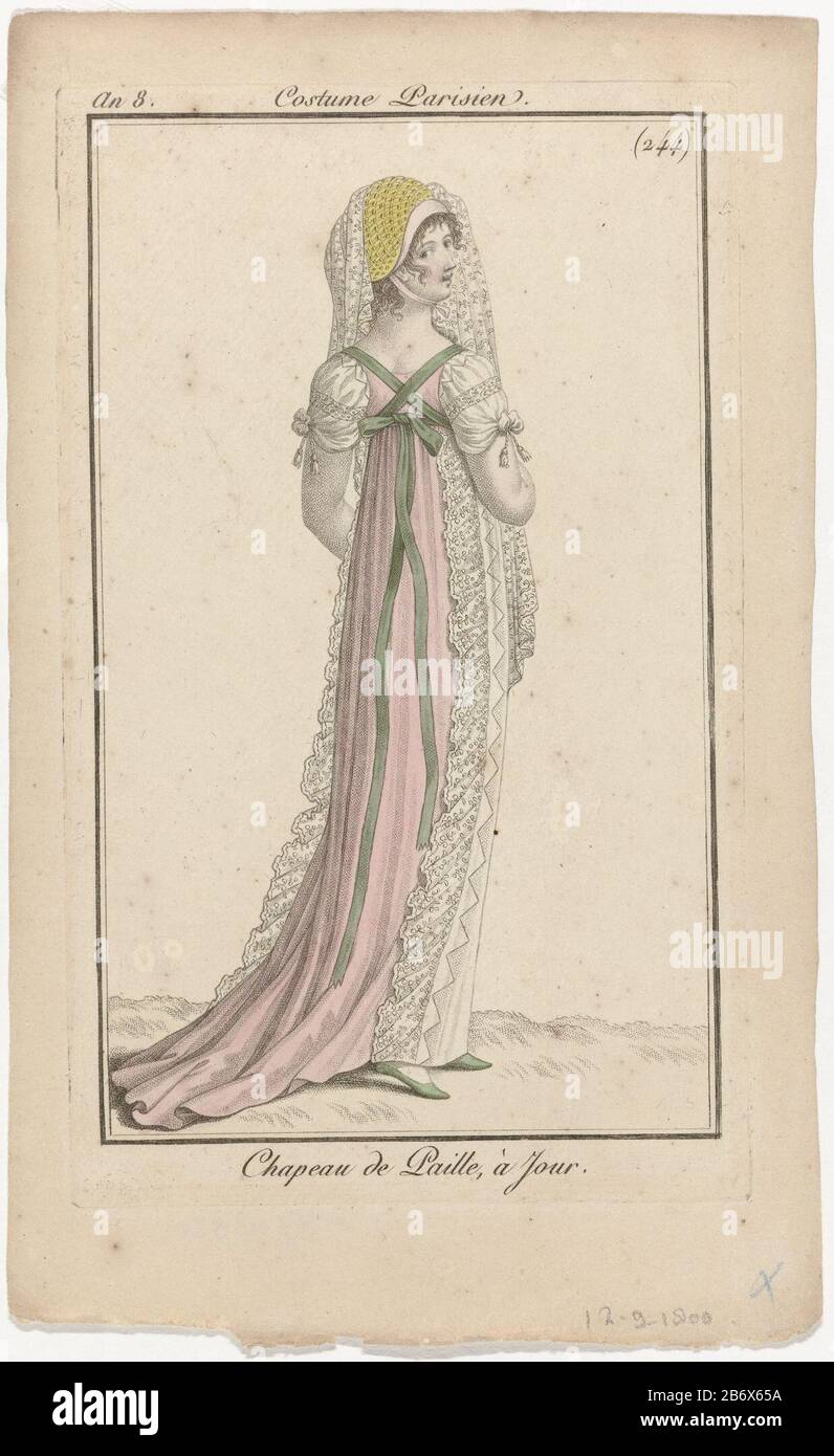 Journal des Dames et des Modes, Costume Parisien, 12 septembre 1800, An 8, (244) Chapeau de Paill () F, seen from the back, ha on its head a straw hat ' à jour 'with veil. She wears an apron long, bordered by a strip of pleated material. Gown with short sleeves and drag. On the back a crossed ribbon with bow. flat shoes with pointed noses. The picture is part of the fashion magazine Journal des Dames et des Modes, published by Pierre de la Mésangère, Paris, 1797-1839. Manufacturer : printmaker: anonymous publisher: Pierre de la MésangèrePlaats manufacture: Paris Date: 1800 Physical features: e Stock Photo
