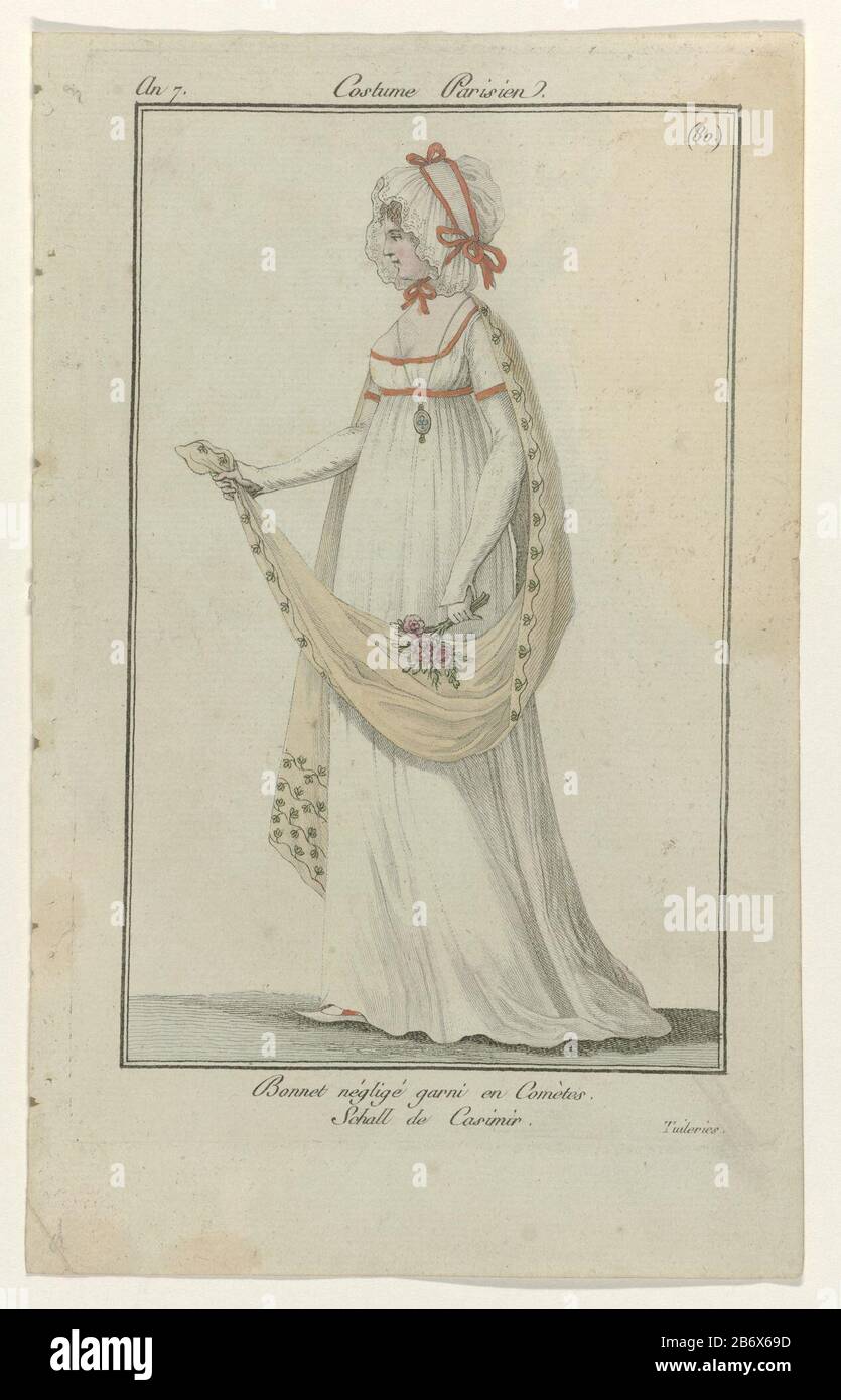 'Bonnet negligee 'hat decorated with narrow ribbons. To the shoulders a scarf 'Casimir' with leaf motif. Further accessories: necklace with pendant, flat shoes with pointed nose. According to the legend this costume to life is shown in deTuilerieën. The picture is part of the fashion magazine Journal des Dames et des Modes, edited by Sellèque, Paris, 1797-1839. Manufacturer : printmaker: anonymous publisher: Sellèqueuitgever: Pierre de la MésangèrePlaats manufacture: Paris Date: 1798 Physical features: engra, hand-colored material : paper Technique: engra (printing process) / hand-color measur Stock Photo
