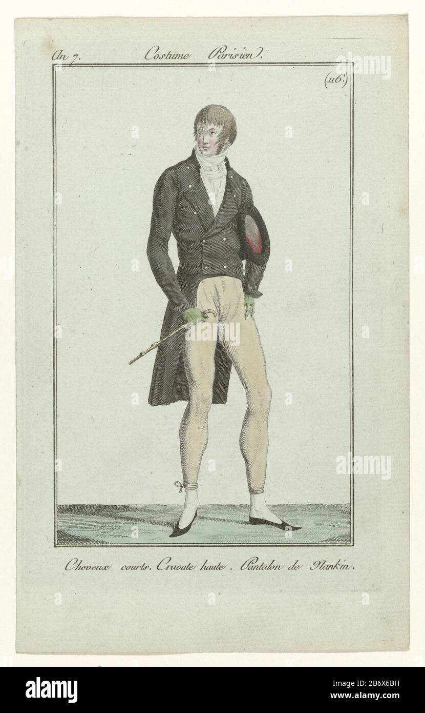Journal des Dames et des Modes, Costume Parisien, 1799, An 7 (116) Cheveux  courts () Short hair with sideburns. To neck high cravate. Frak buttons  with a double row and transhipment, jacket