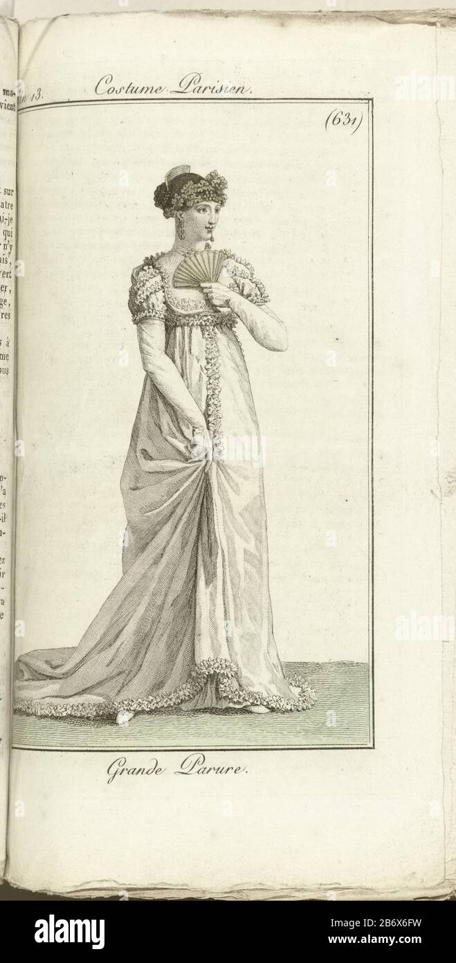 Journal des Dames et des Modes, Costume Parisien, 1805, An 13 (631) Grande  Parure Lady in' grande parure: white dress with train decorated with  ruffles; long gloves, unfolded fan in hand. With