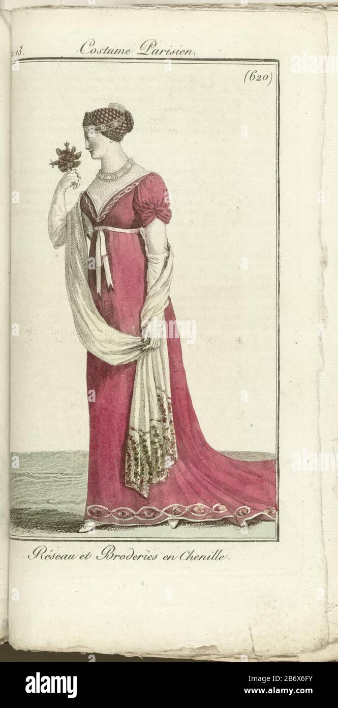 Woman left in a pink dress with embroidery on neck and hem. White shawl  with embroidery; long gloves, hairstyle with tiara and hair net; necklace  around the neck. Wreath of flowers in