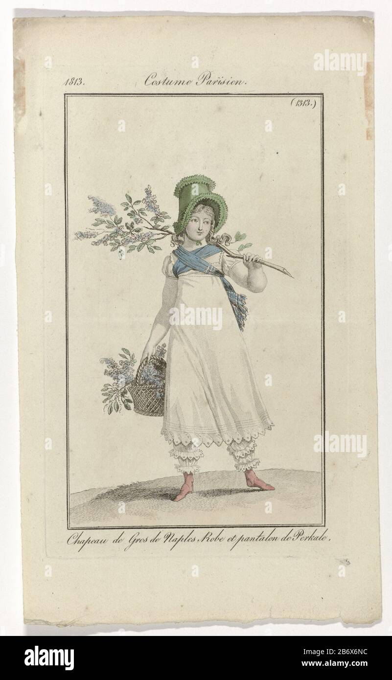 Journal des Dames et des Modes, Costume Parisien, 20 mai 1813, (1313) Chapeau de Gros de Naples () Girl with the head of a hat 'gros de Naples. She wears a gown with short puff sleeves and trousers (bloomers) of cotton percale (percale). Scarf with fringes at the ends, in the middle in front of crossed to the bodice bound. Boots on the feet. In the hands a floral branch and a basket filled with the same flowers. The picture is part of the fashion magazine Journal des Dames et des Modes, published by Pierre de la Mésangère, Paris, 1797-1839. Manufacturer : printmaker: anonymous publisher: Pierr Stock Photo